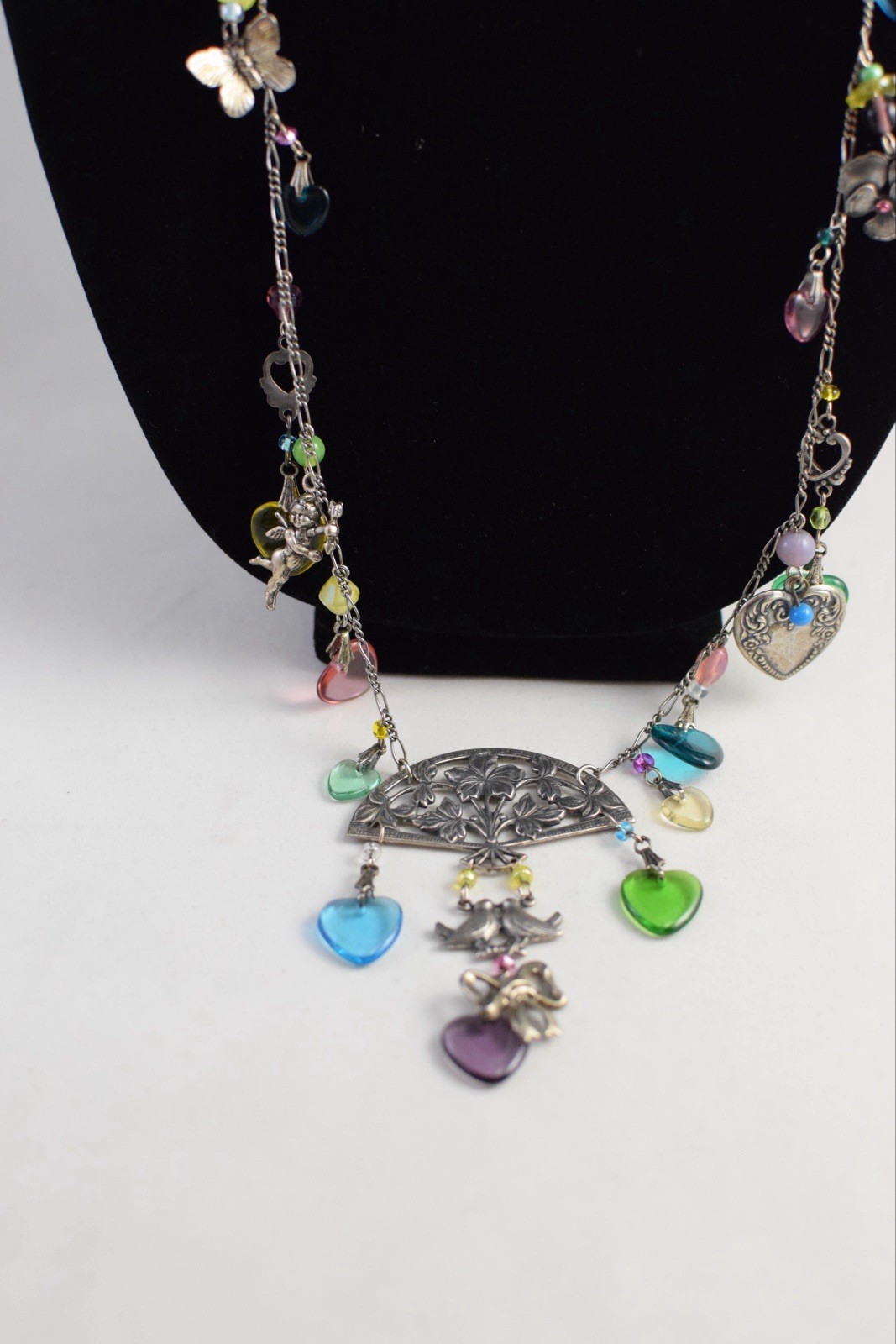 VTG? Glass Works Studio Glass Puffy Hearts Cupid Lock Heart Charm Necklace Read