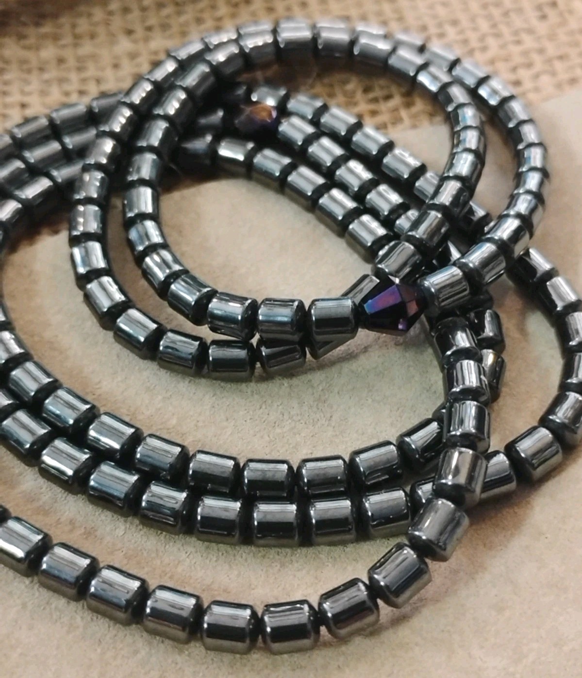 Vtg “Sleek” Hematite Stretch Beaded Necklace and Anklet Set, Accent Beads!