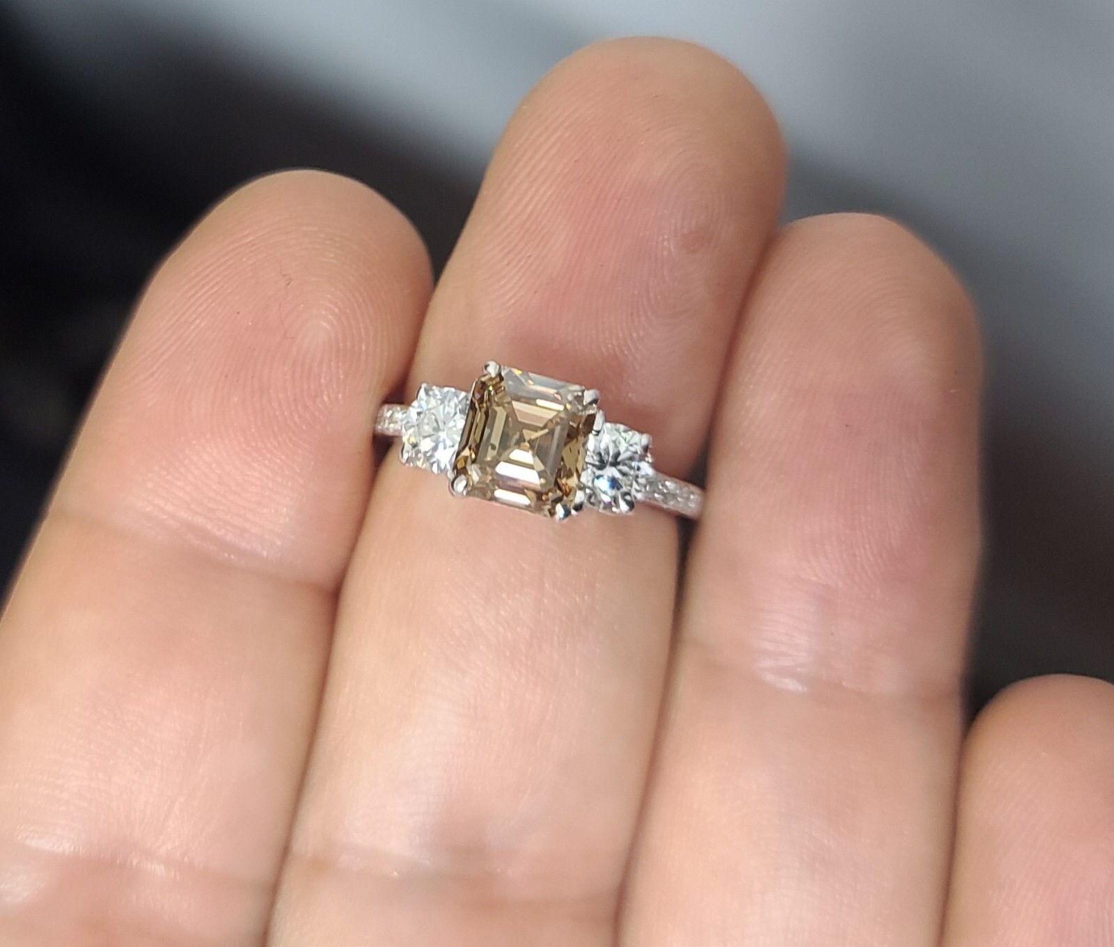 14k White Gold Vintage Engagement Ring 2.06ct. Champagne Diamond Asscher Cut
