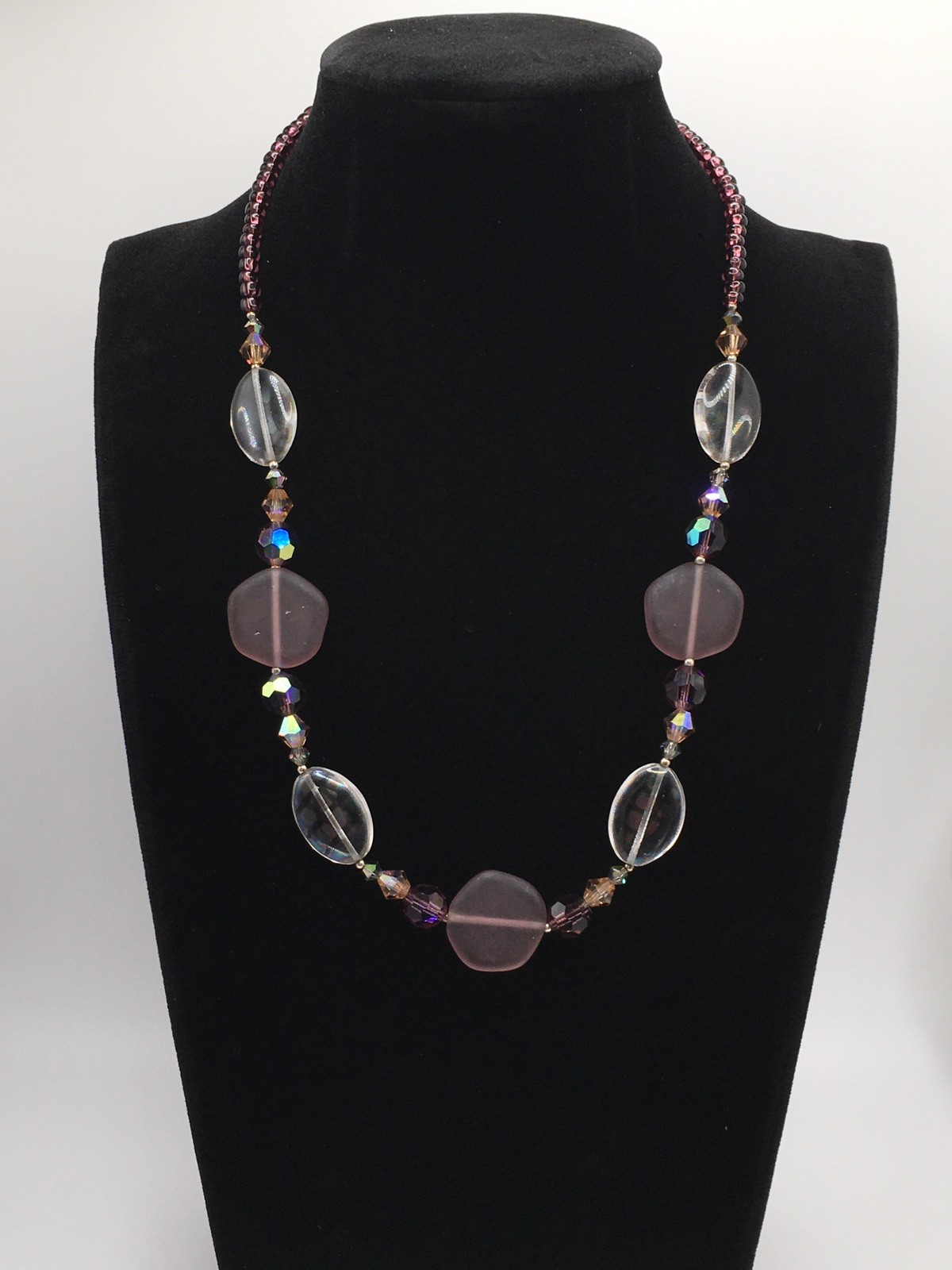 Mauve Frosted Glass Bead & Sterling Silver Necklace 15-17” 925 #23