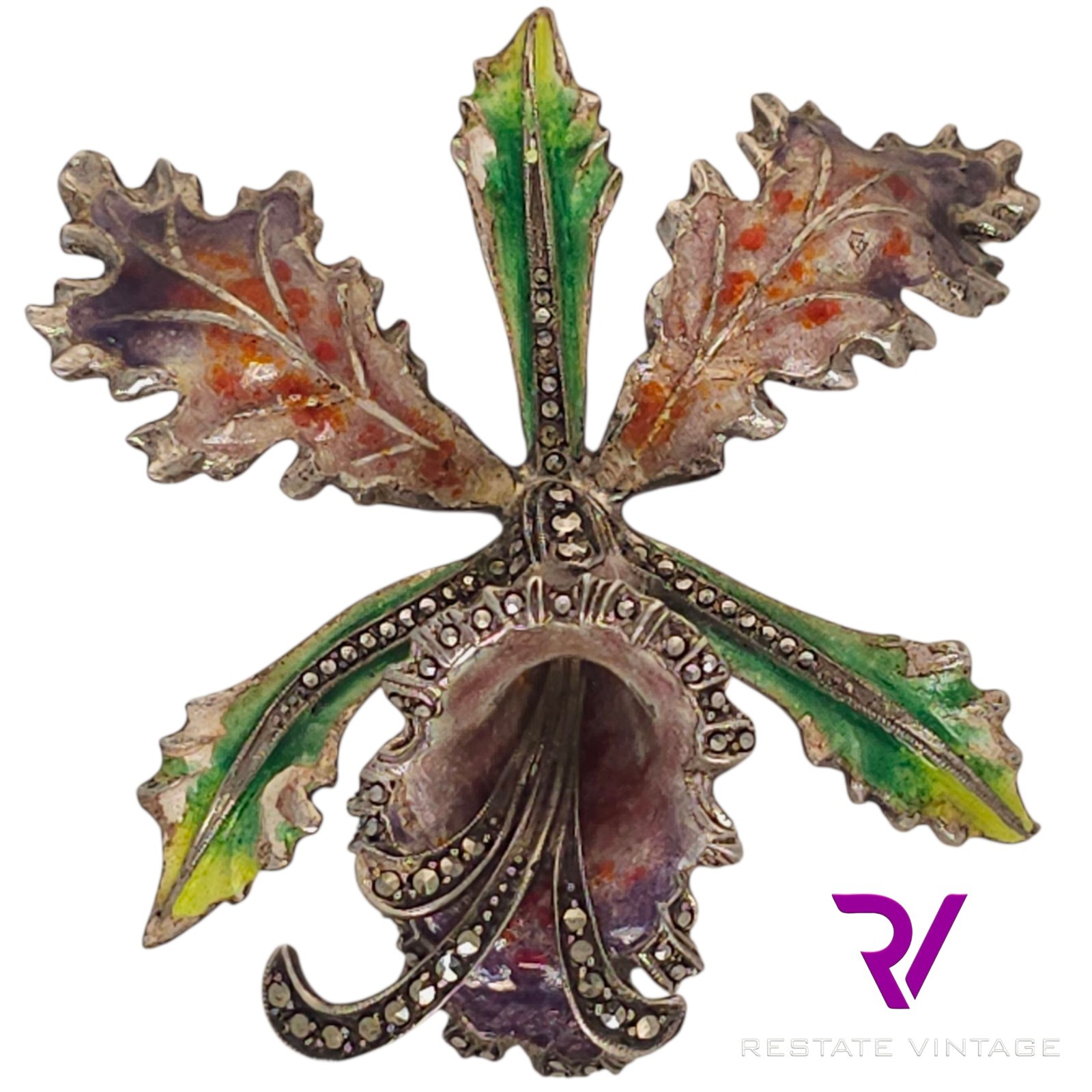 Vintage Orchid Germany Sterling 3d Intricate Enamel Marcasite Flower Brooch 2.25