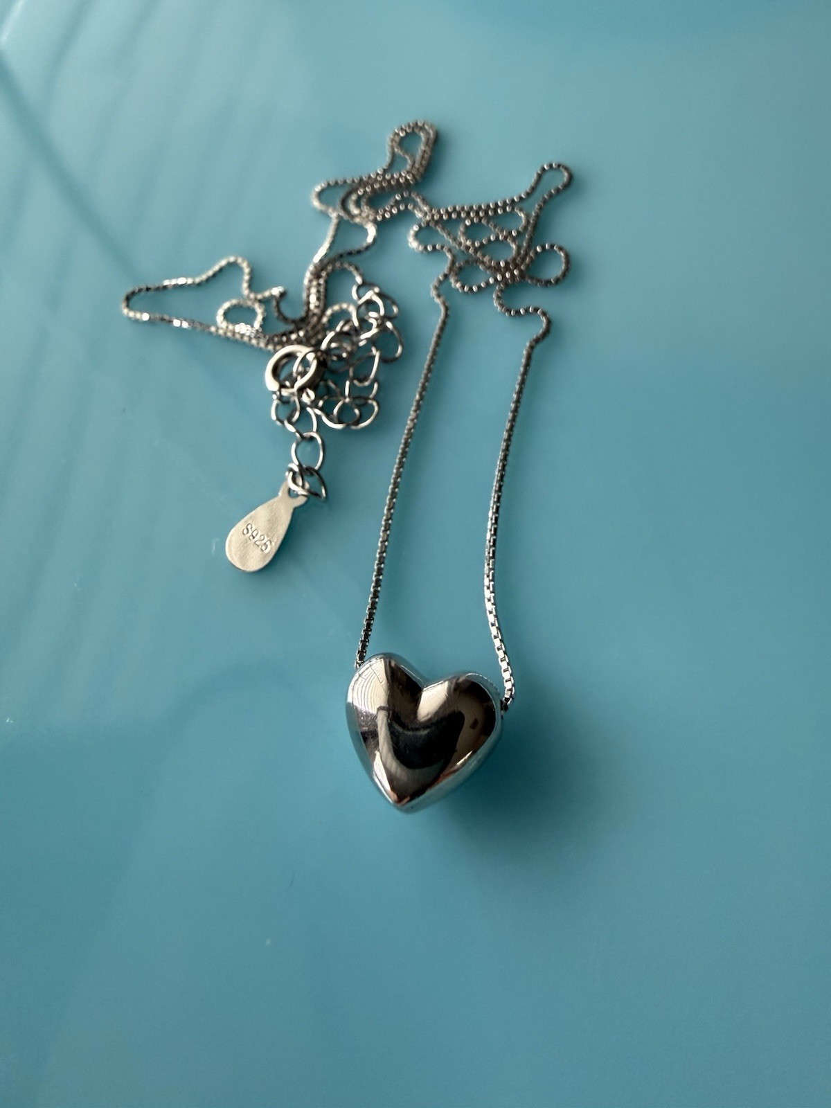 Sterling Silver 925 Puff Heart Slide Pendant Charm Chain 16” Necklace 2.2g