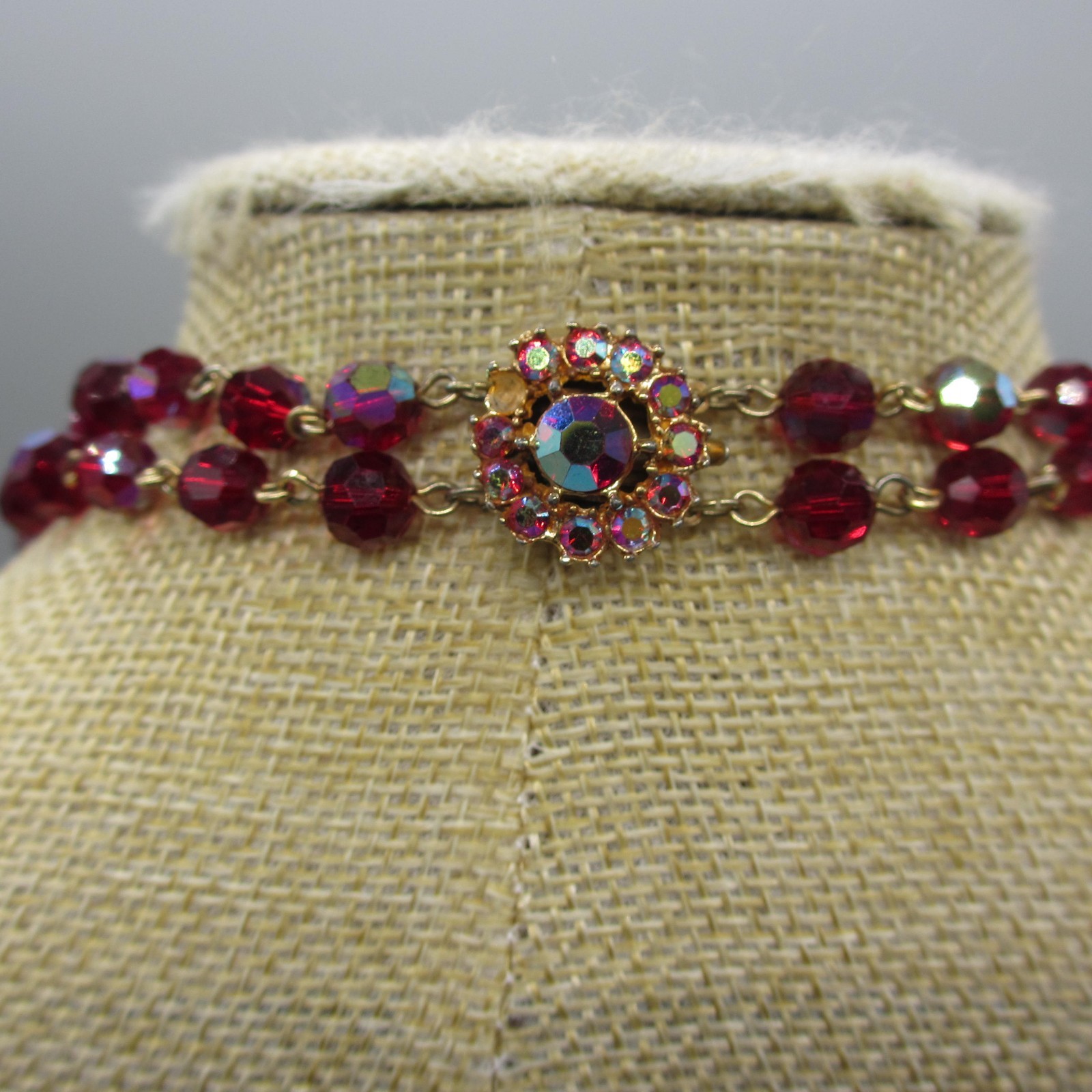 Bergere Necklace Glass AB Bead Red Festoon Tassel Rhinestone ONE MISSING RS 20″