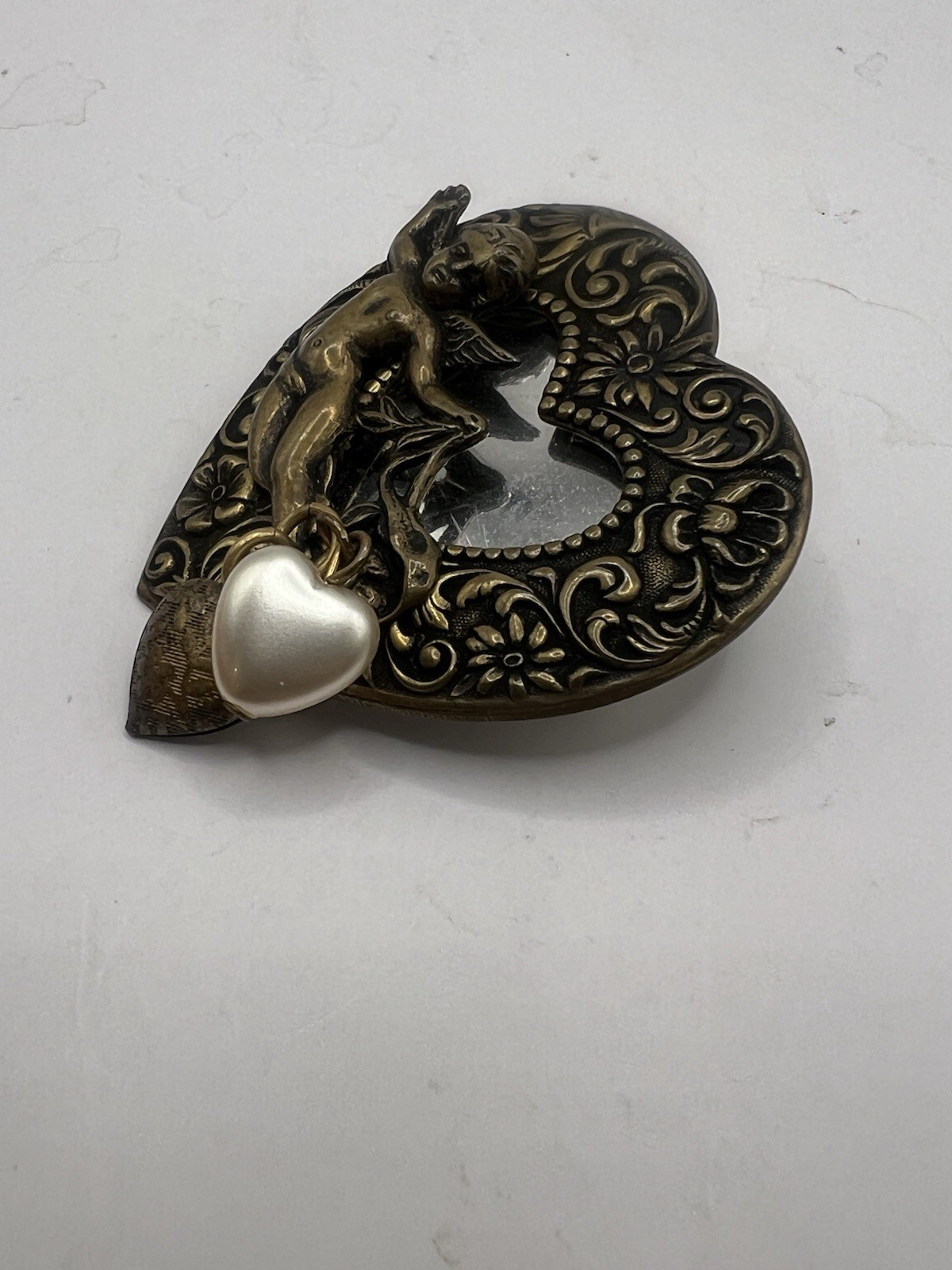 Vintage 2” Cherub Cupid Brooch Pin With 2 Heart Charms And Mirror Backing