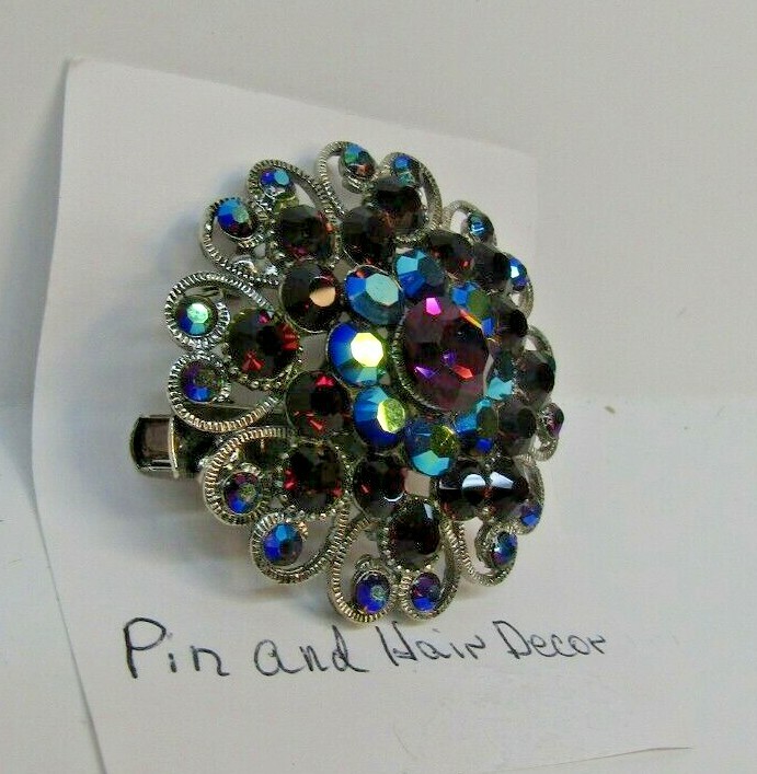 VTG Rhinestone Flower Cluster Purple Blue Tones Brooch/Hair Pin
