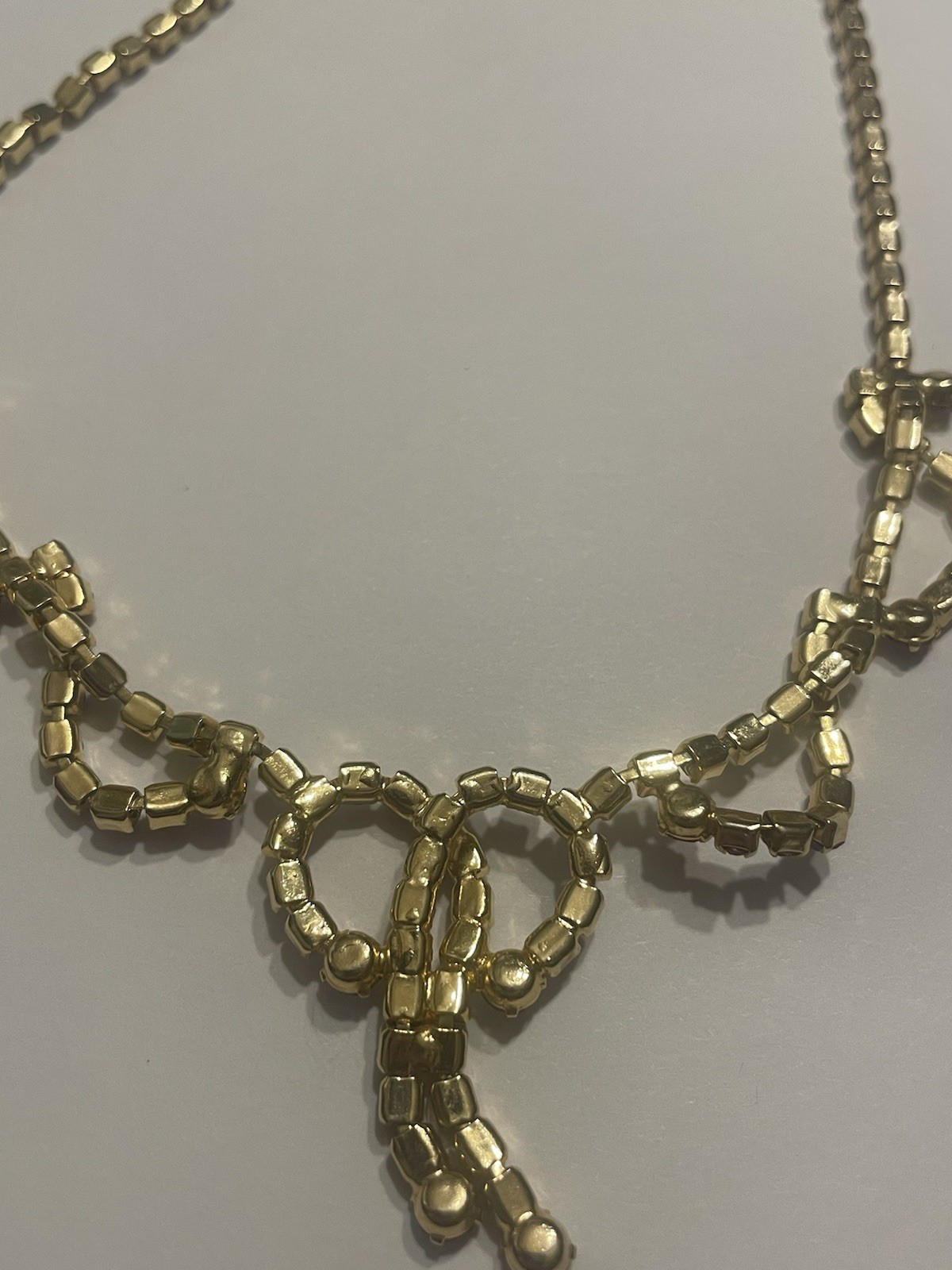 Vintage Red AB Rhinestone Necklace Mid Century Gold Tone Statement Piece Bow