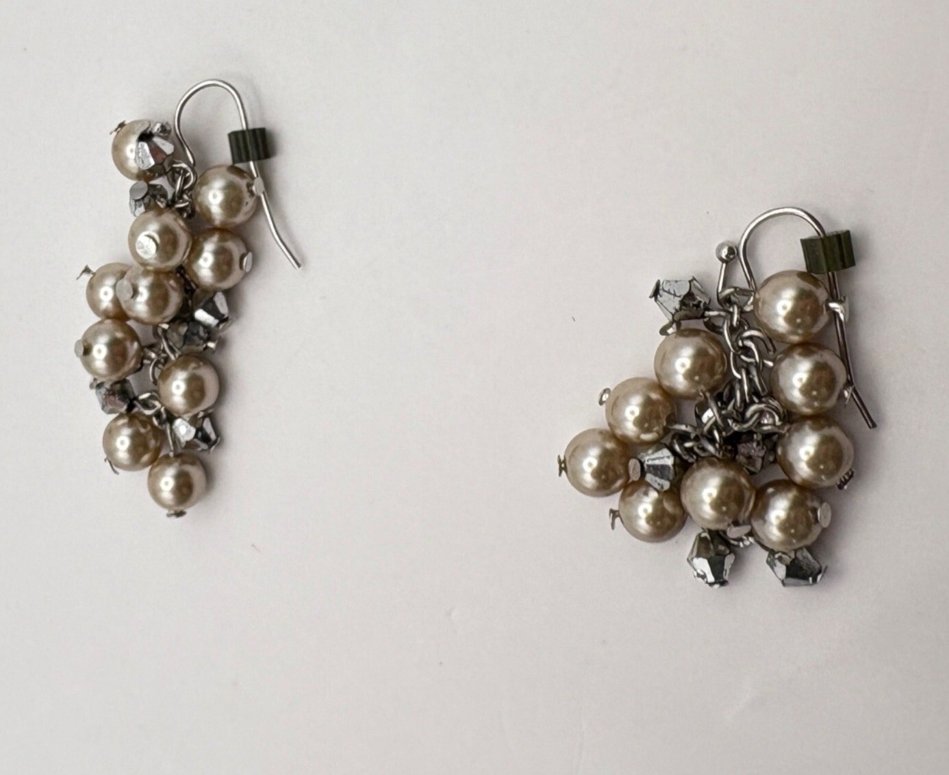 Vintage Faux Pearl Cluster Dangle Earrings Silver Tone Chain Accents