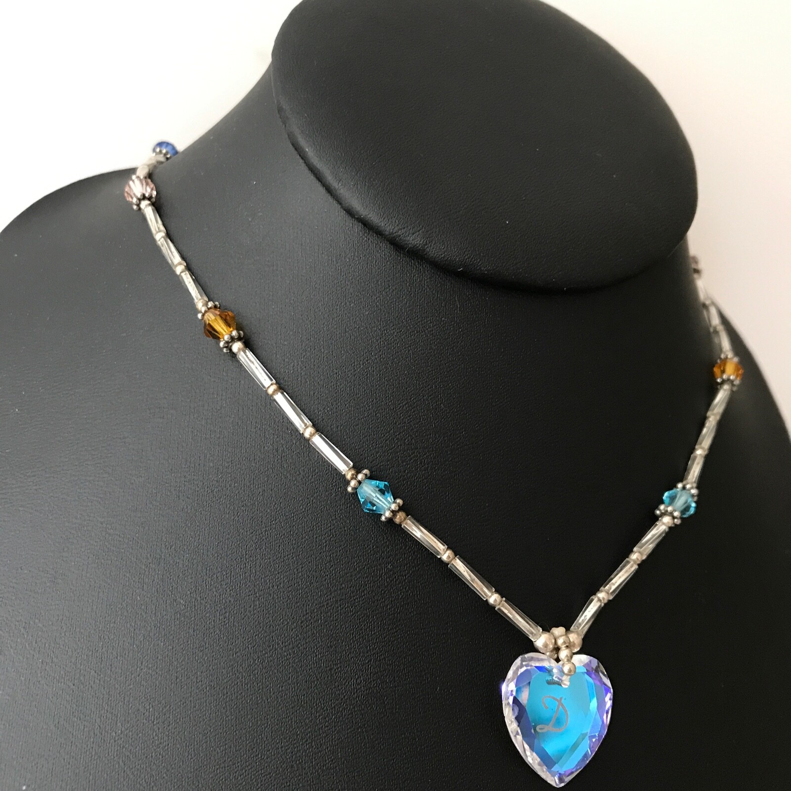 Vintage 925 Sterling Silver Multicolor Bead AB Crystal Letter D Heart Necklace