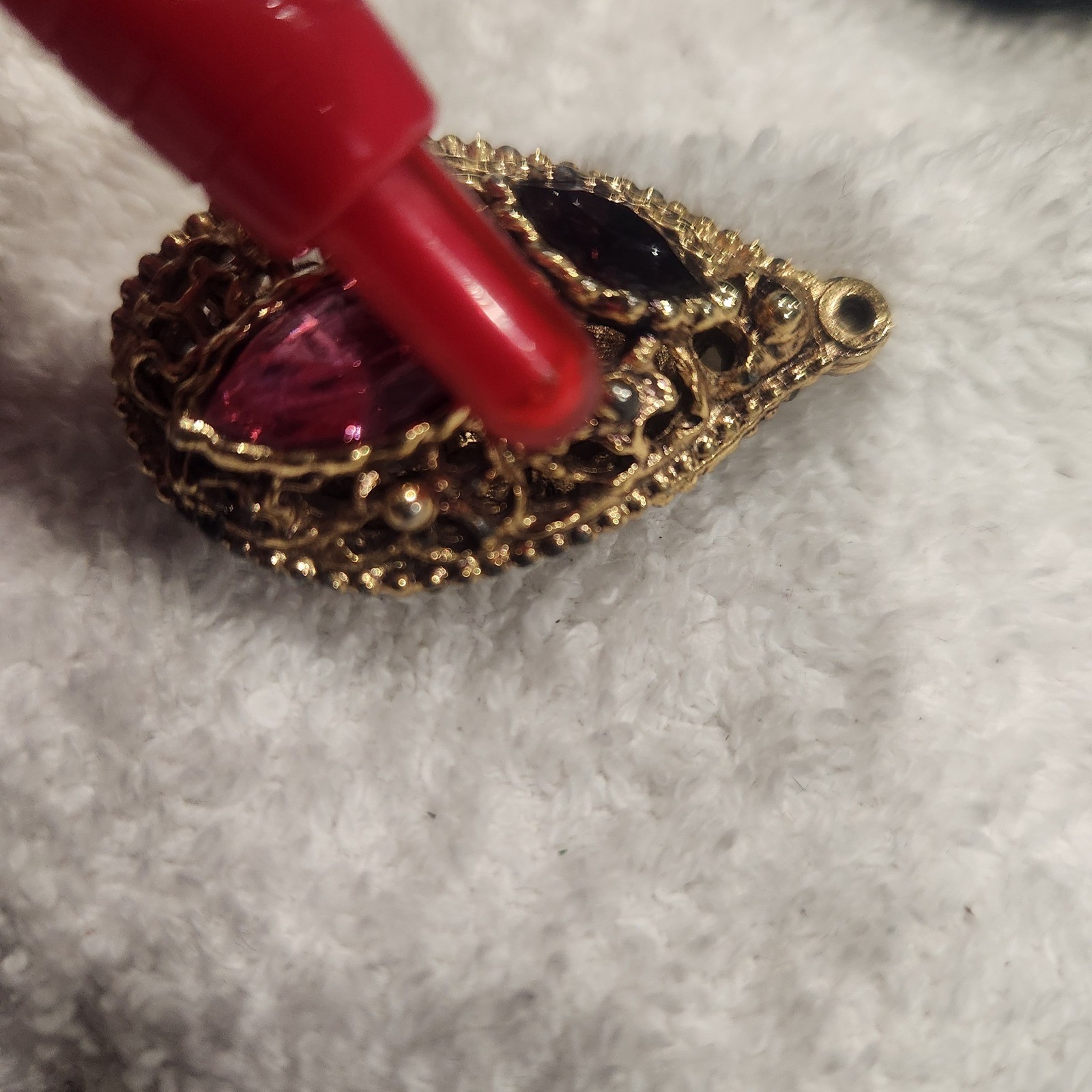 Vintage Gold Tone Filigree Teardrop Pendant Pink Purple Marquise Rhinestone