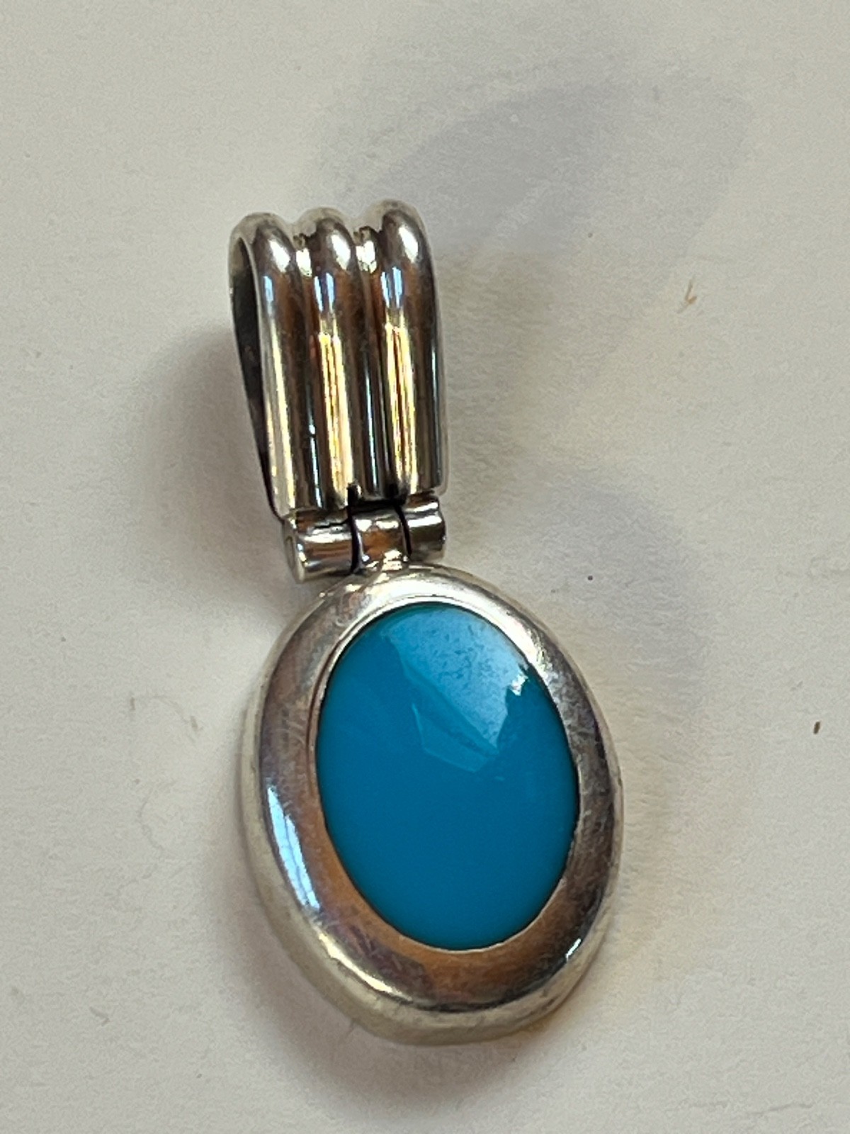 Turquoise Enamel in Oval Mexico 925 Silver Frame Pendant – about 1 and 3/8th’s x