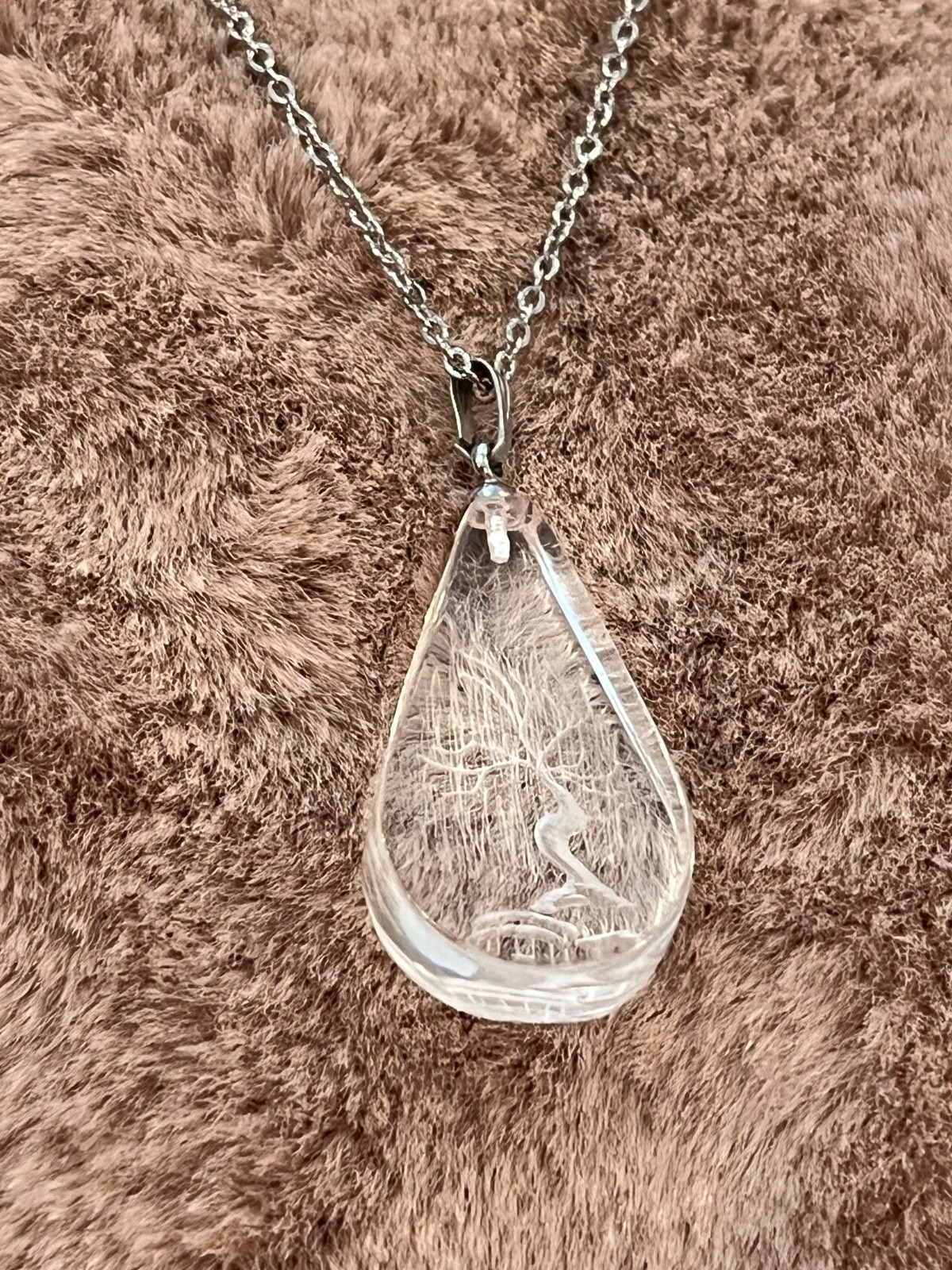 Vintage Etched Zen Garden in Crystal Clear Acrylic Pendant Silvertone Necklace