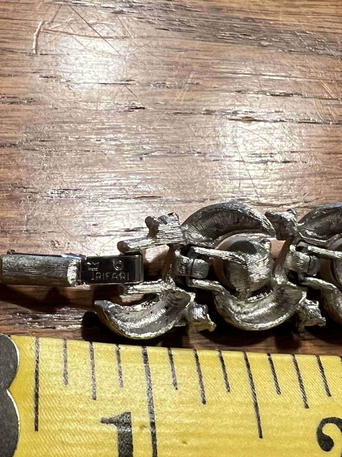 Vintage Trifari Link Bracelet Faux Pearl Rhinestone Silver Tone