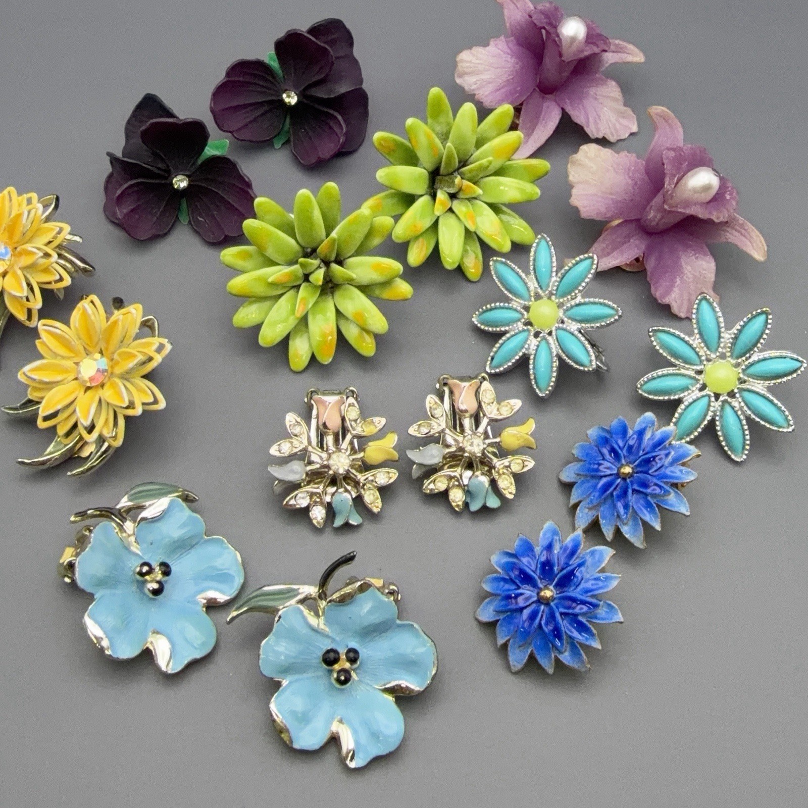 Vintage Flower Clip On Earrings Floral Lot Of 8 Orchid Pansies Tulip Multi Color