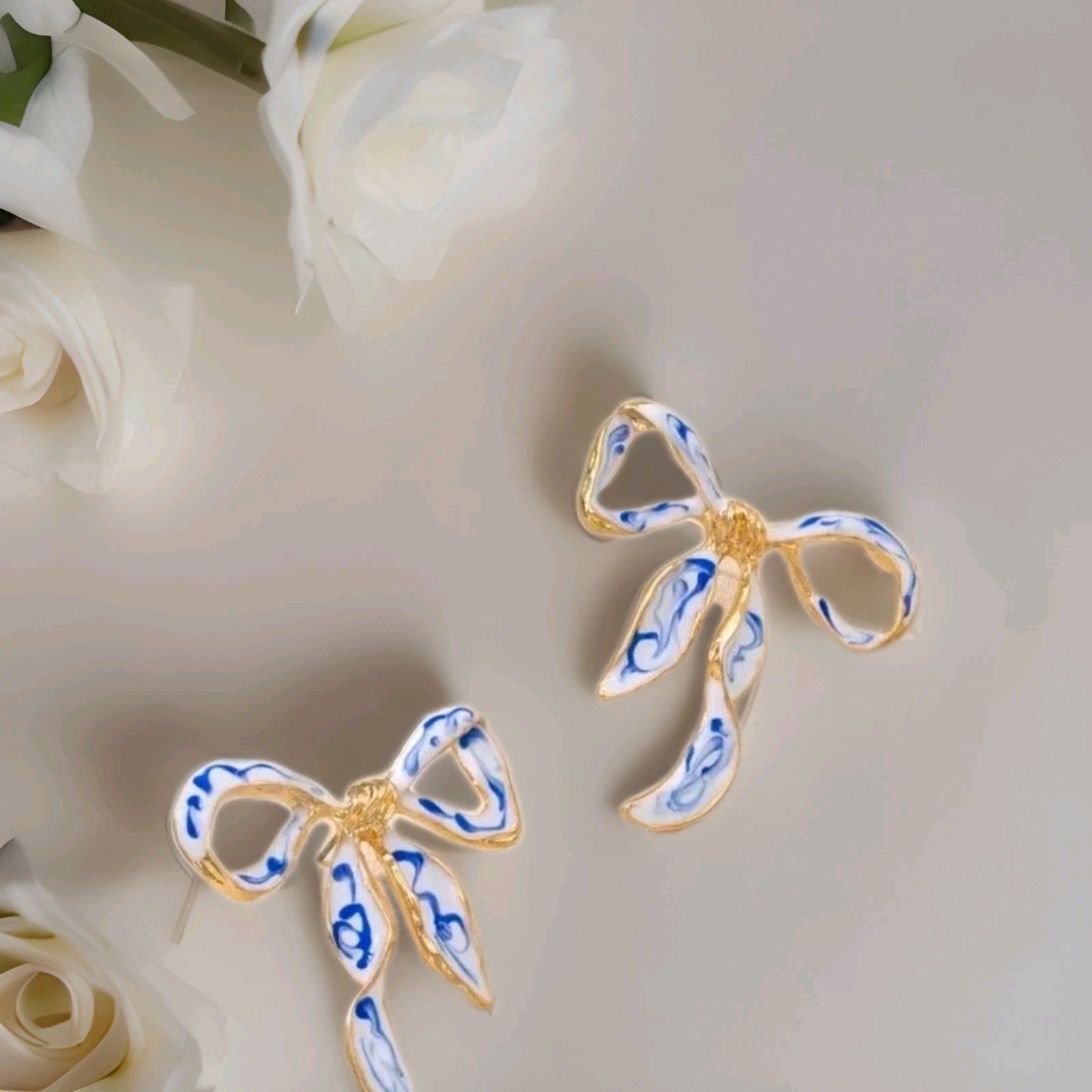 Stunning Goldtone Blue&white Enameled Stud Bow Earrings