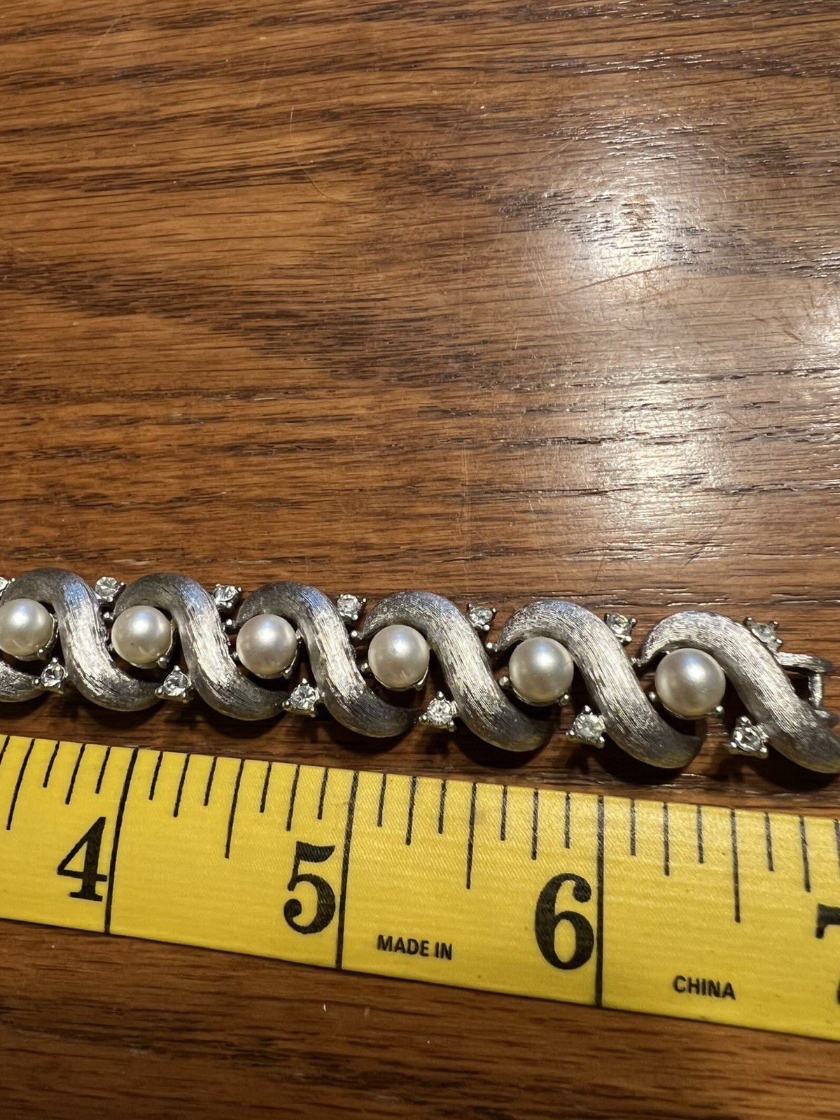 Vintage Trifari Link Bracelet Faux Pearl Rhinestone Silver Tone