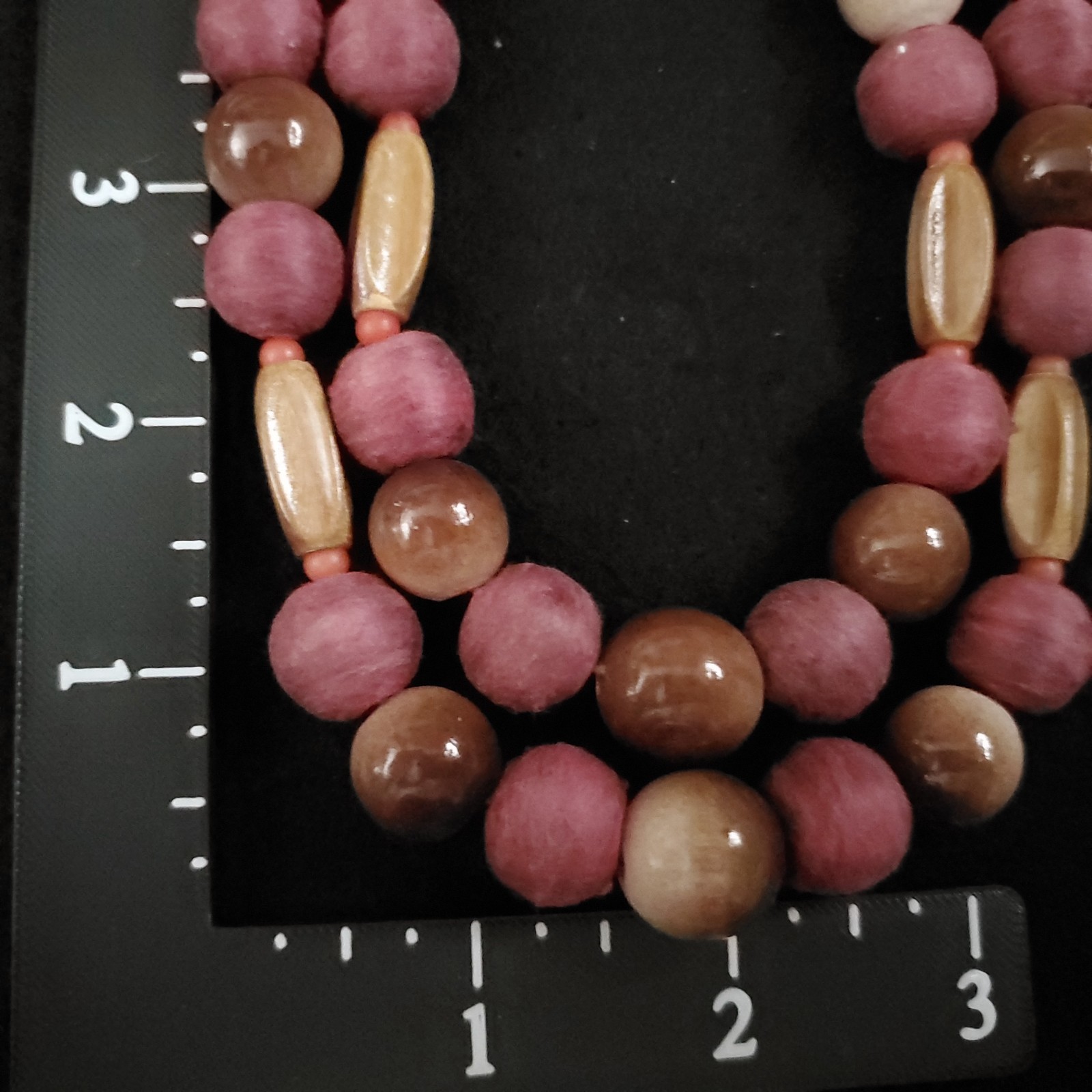 Vintage Layered Beaded Necklace Brown Pink Wood 21″