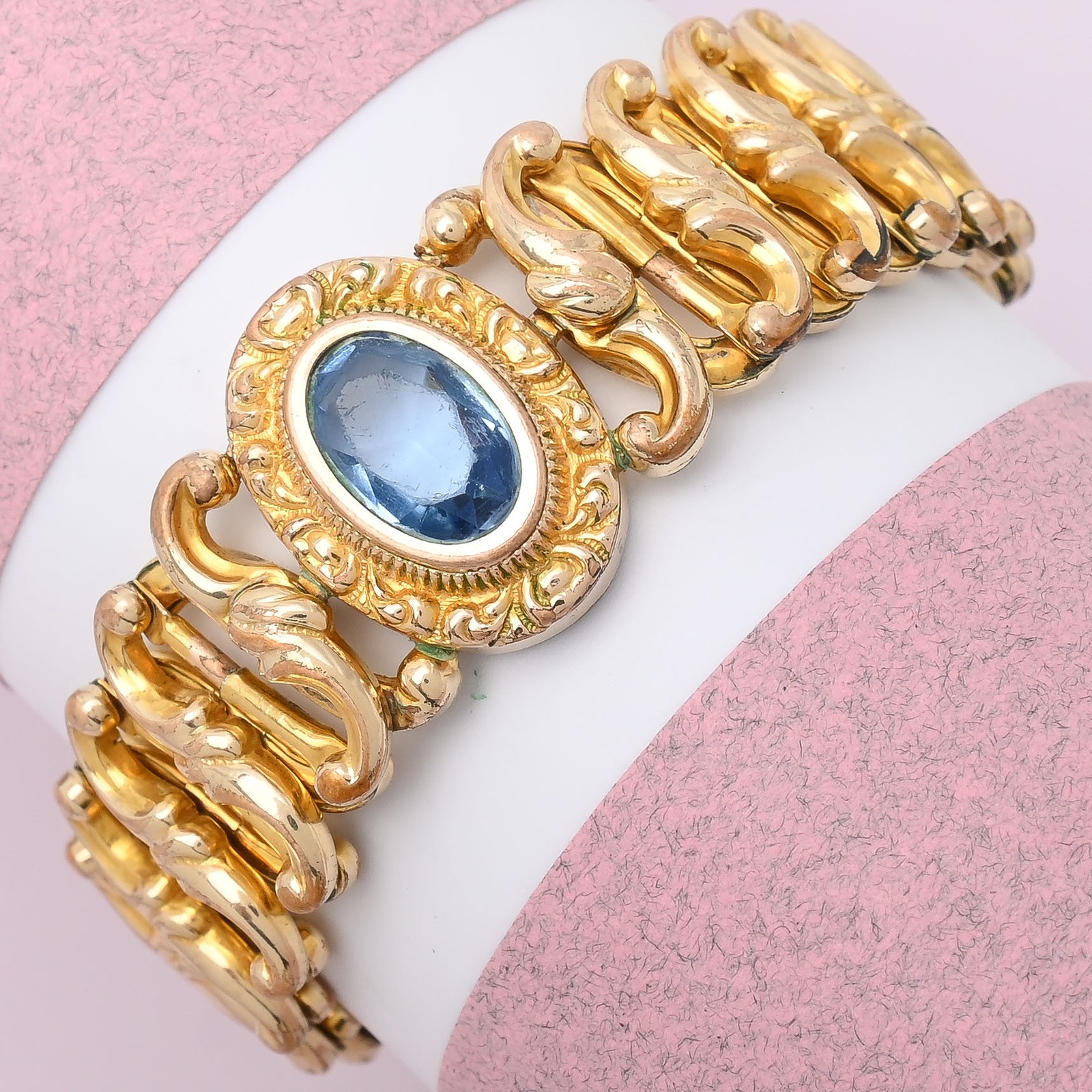 Antique Victorian Blue Paste Glass Yellow Gold Filled Expansion Bracelet