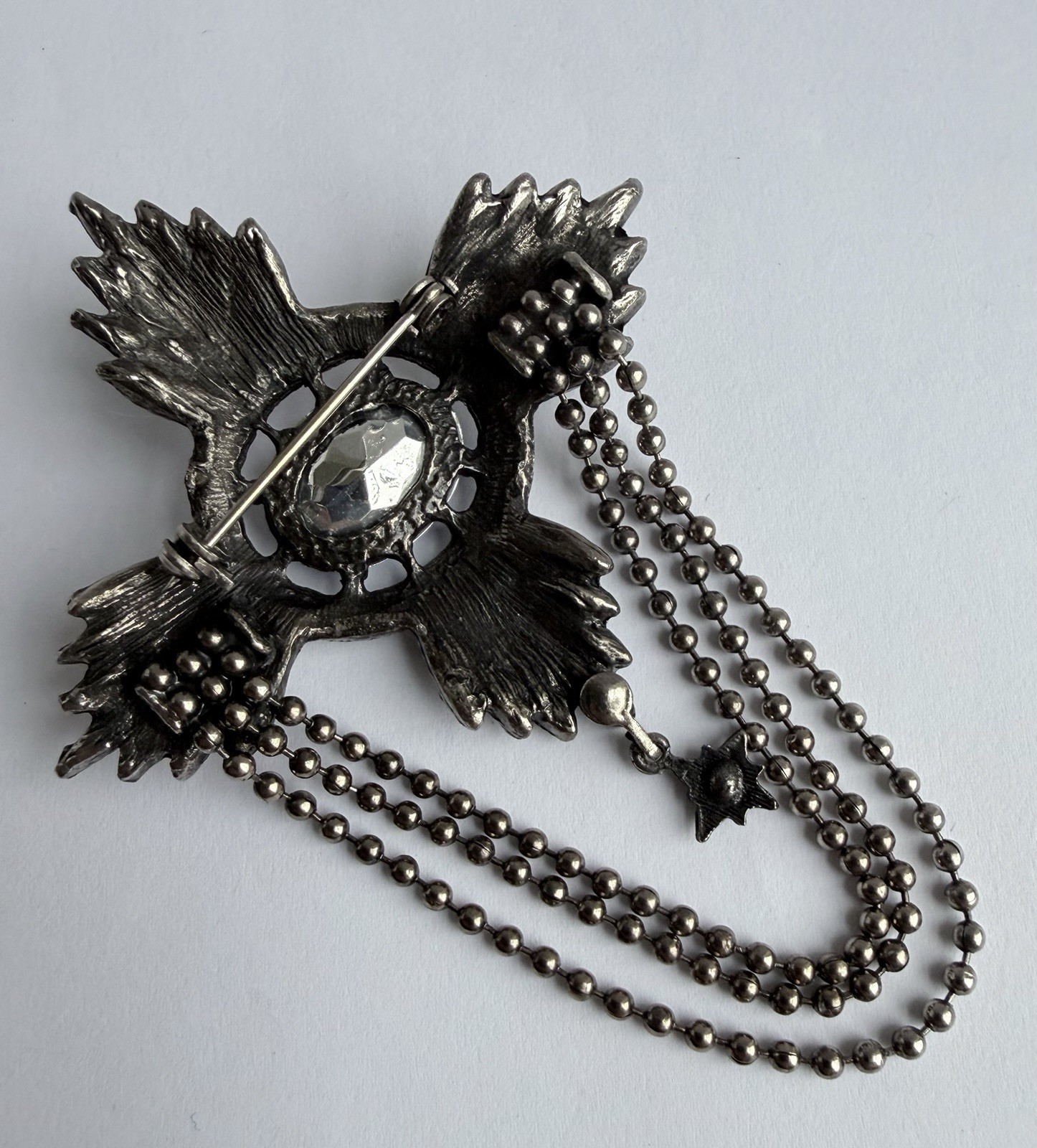 Vintage 1980’s Blue Festoon Brooch Clear Rhinestone Chain Dangle