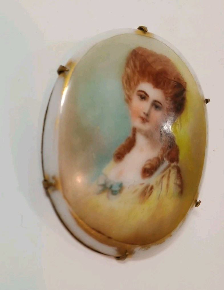 Antique Victorian Hand Painted Portrait Brooch Porcelain Brass C Clasp 2″