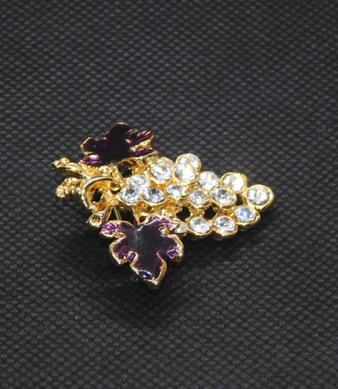 Grapes Vintage Pin Brooch Gold Tone White Rhinestone Purple Enamel Jewelry