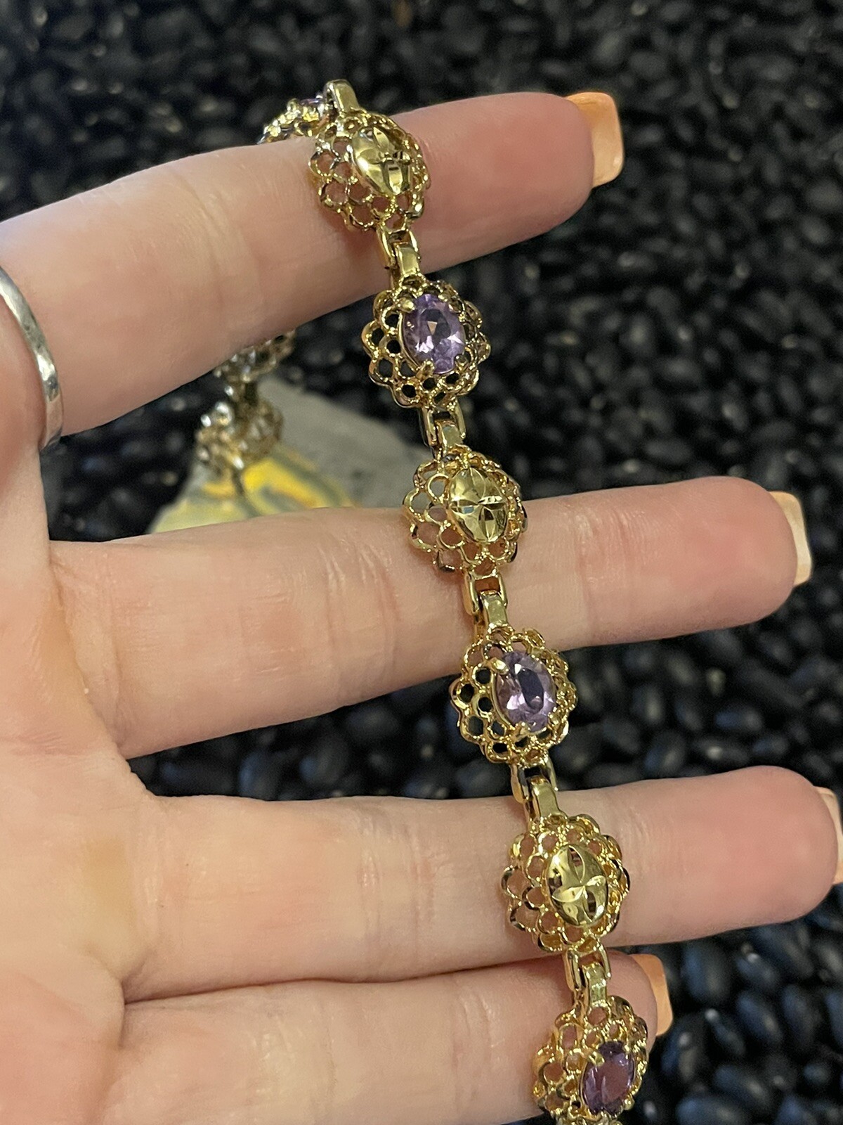 Sterling Silver Gold Vermeil Purple Amethyst Etched Open Work Tennis Bracelet
