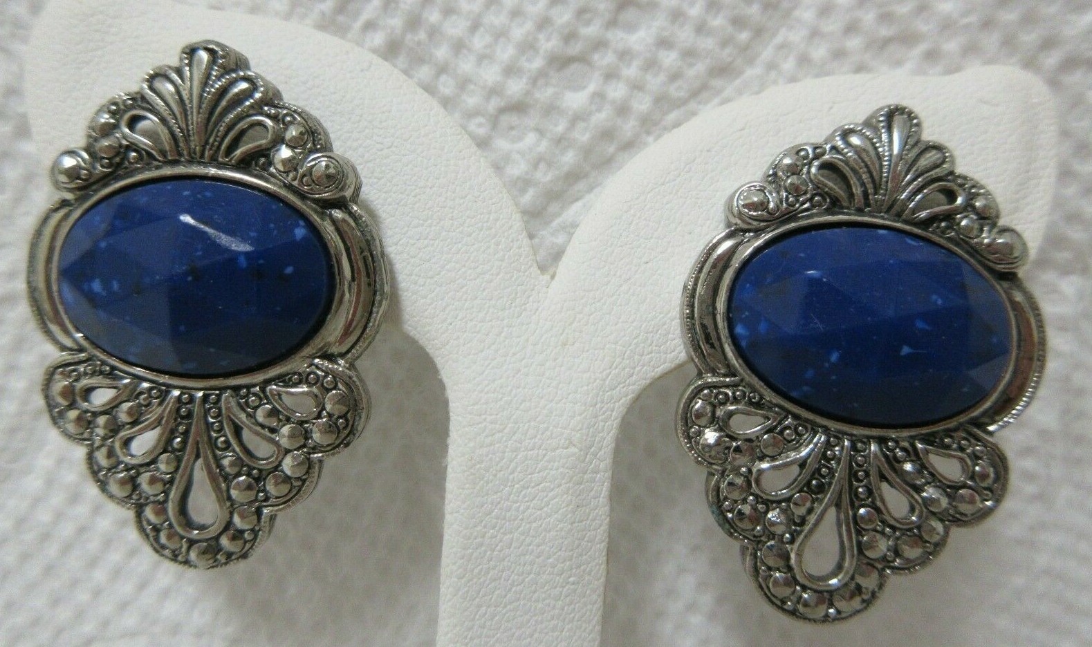 Vintage Silver Tone Faceted Blue with White Dots Faux Marcasite Pierced Earrings