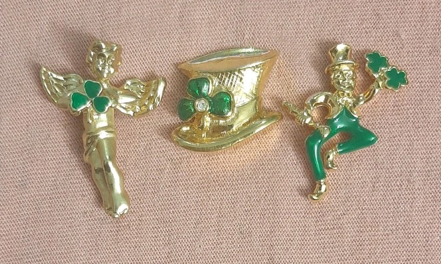 LOT of 3 Avon St Patrick’s Day Lapel Pin Angel Shamrock, Leprechaun, Top Hat