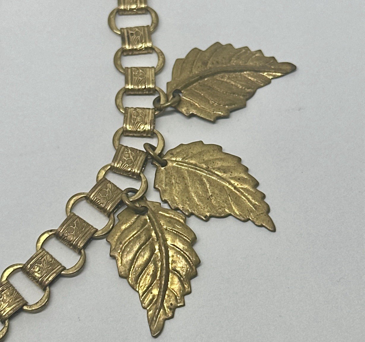 Vintage Victorian Brass Leaf Charm Necklace and Bracelet Set Sliding Hook Clasp