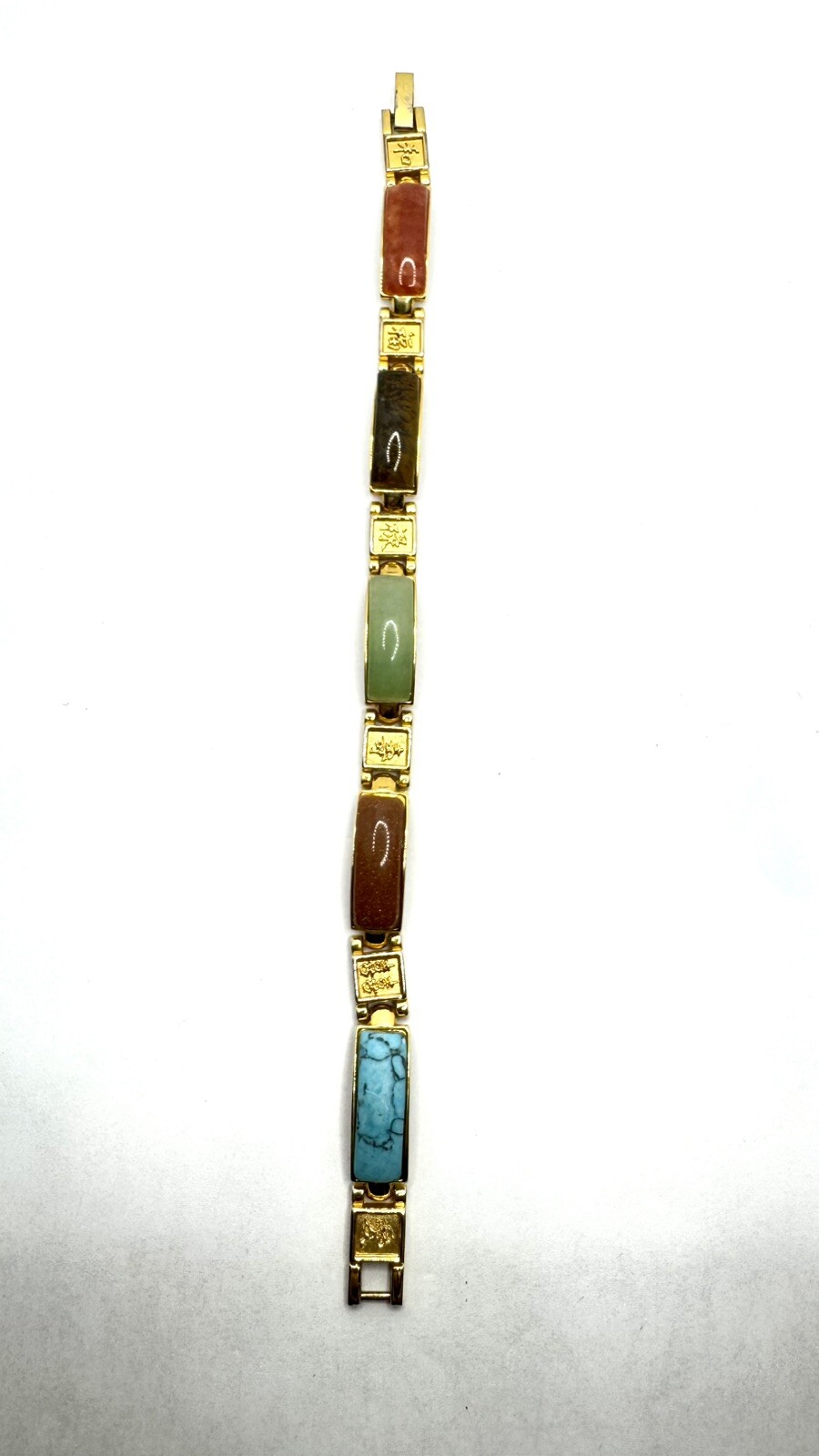 Vintage Gold Tone Linked Panel Magnetic Asian Bracelet Tiger Eye Jade Turquoise