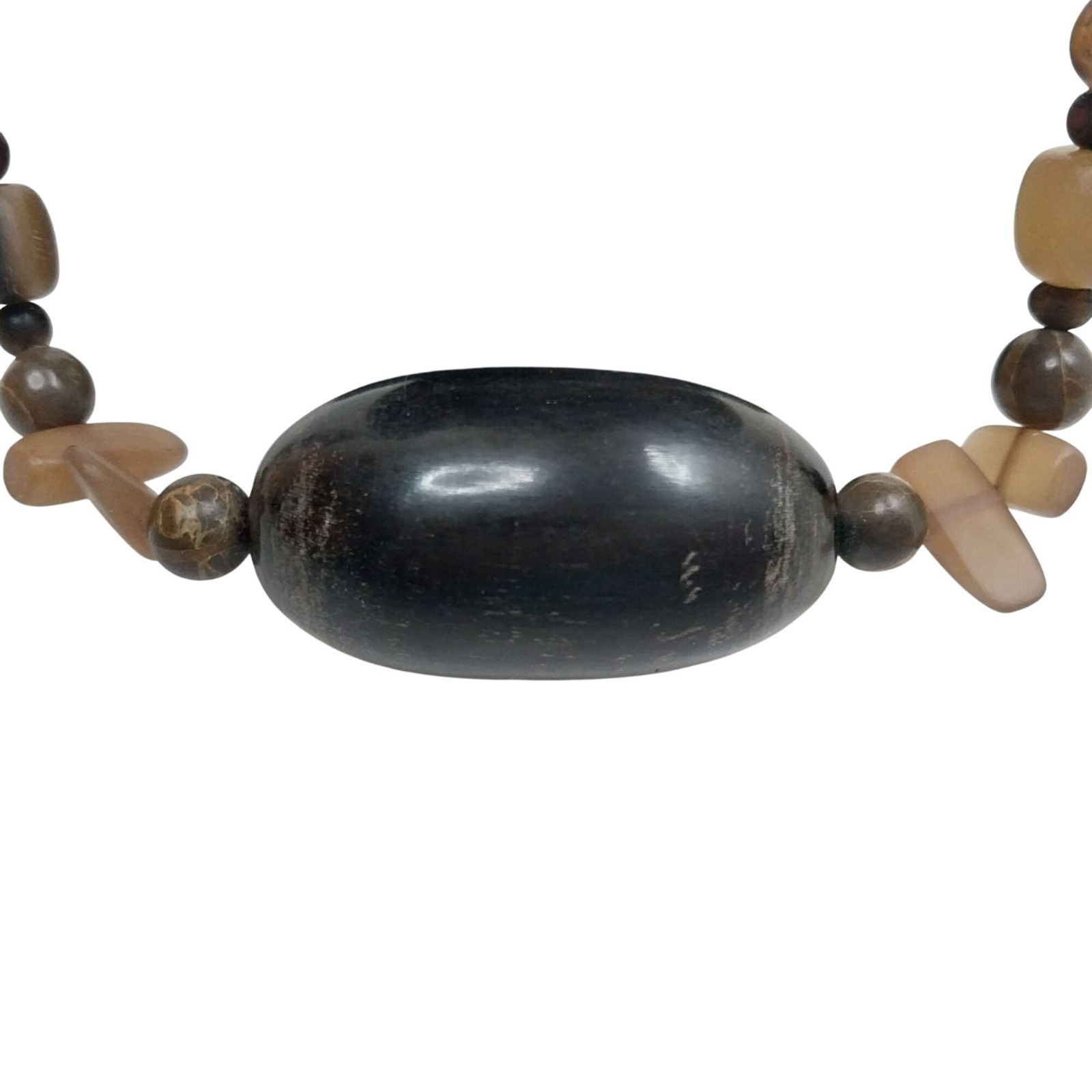 Vintage Earthtones Brown & Black Beaded Necklace Large Centerpiece Oval Bead