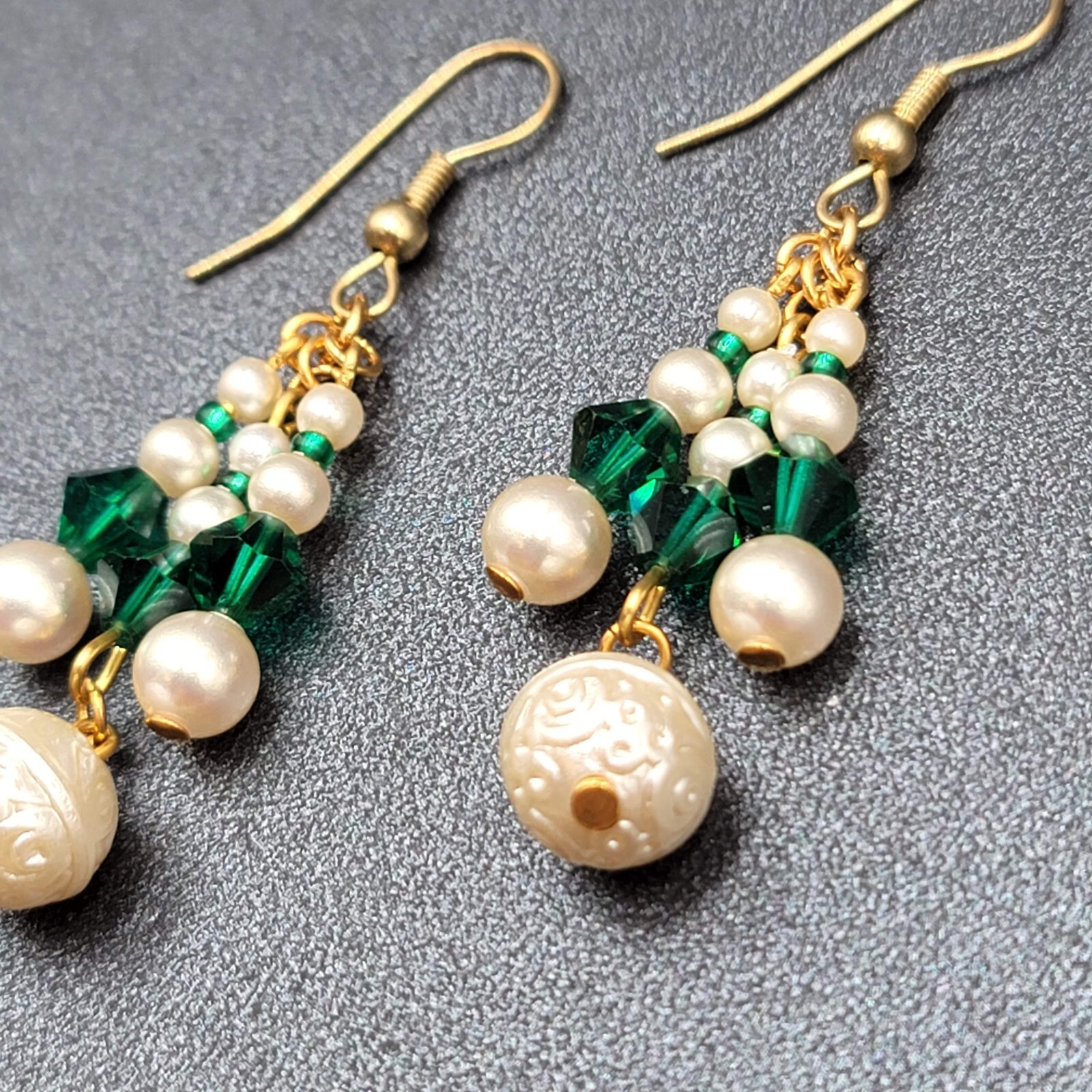 Vintage Pierced Earrings Faux Pearl Green Crystal Beads Dangle 1.5″