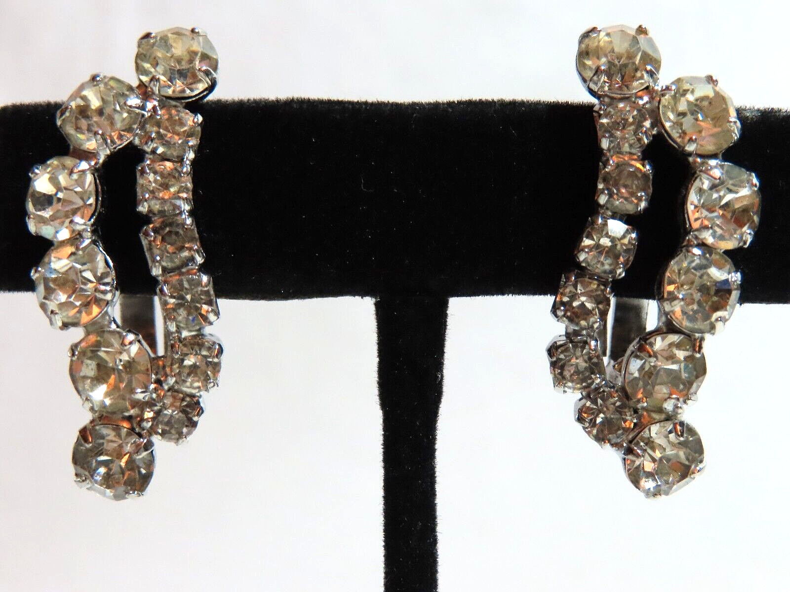 Vintage Clear Glass Rhinestone Wave Clip-On Earrings Silver Tone