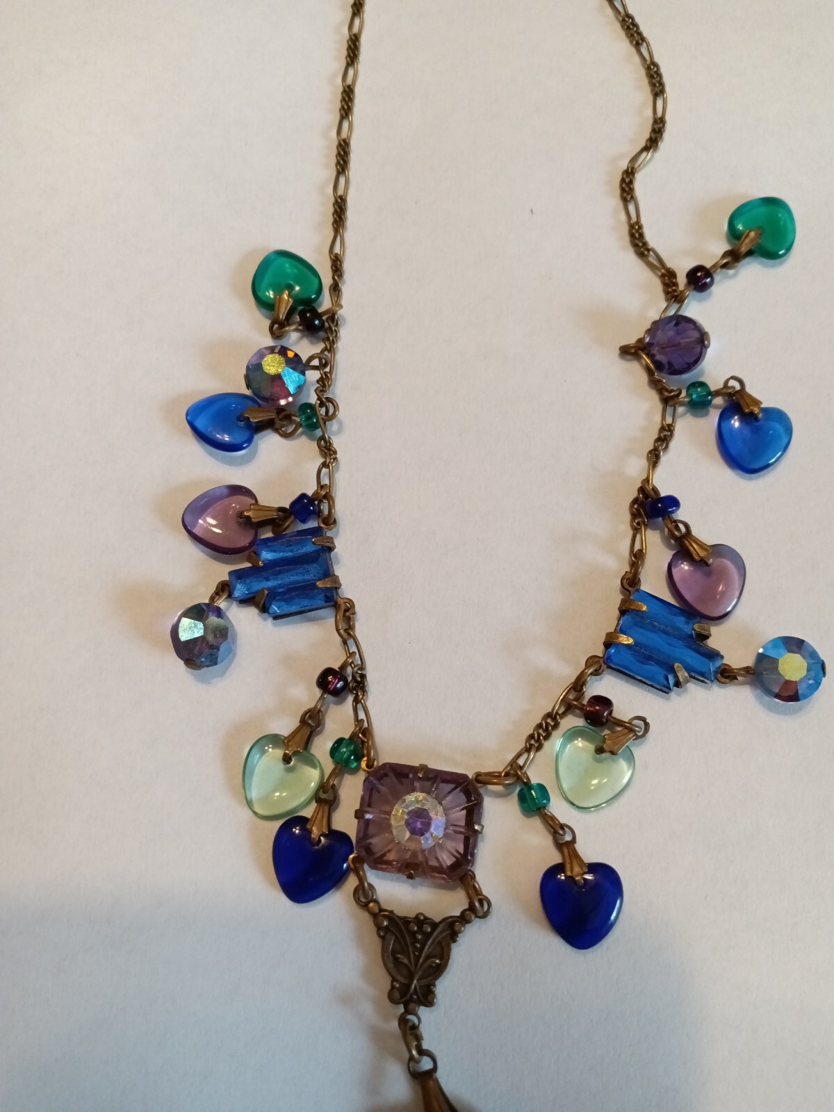 Vintage Glass Works Studio Necklace Heart Charms Brass Gold Tone 15 Charms