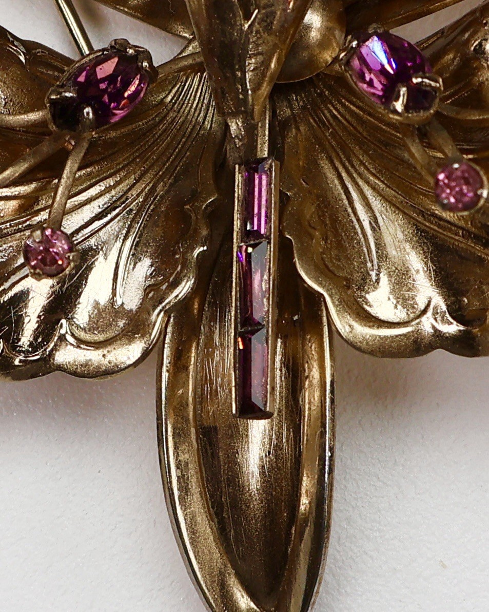 Vintage Iris Orchid Brooch Purple Rhinestones Baguettes Round Gold Tone Flower