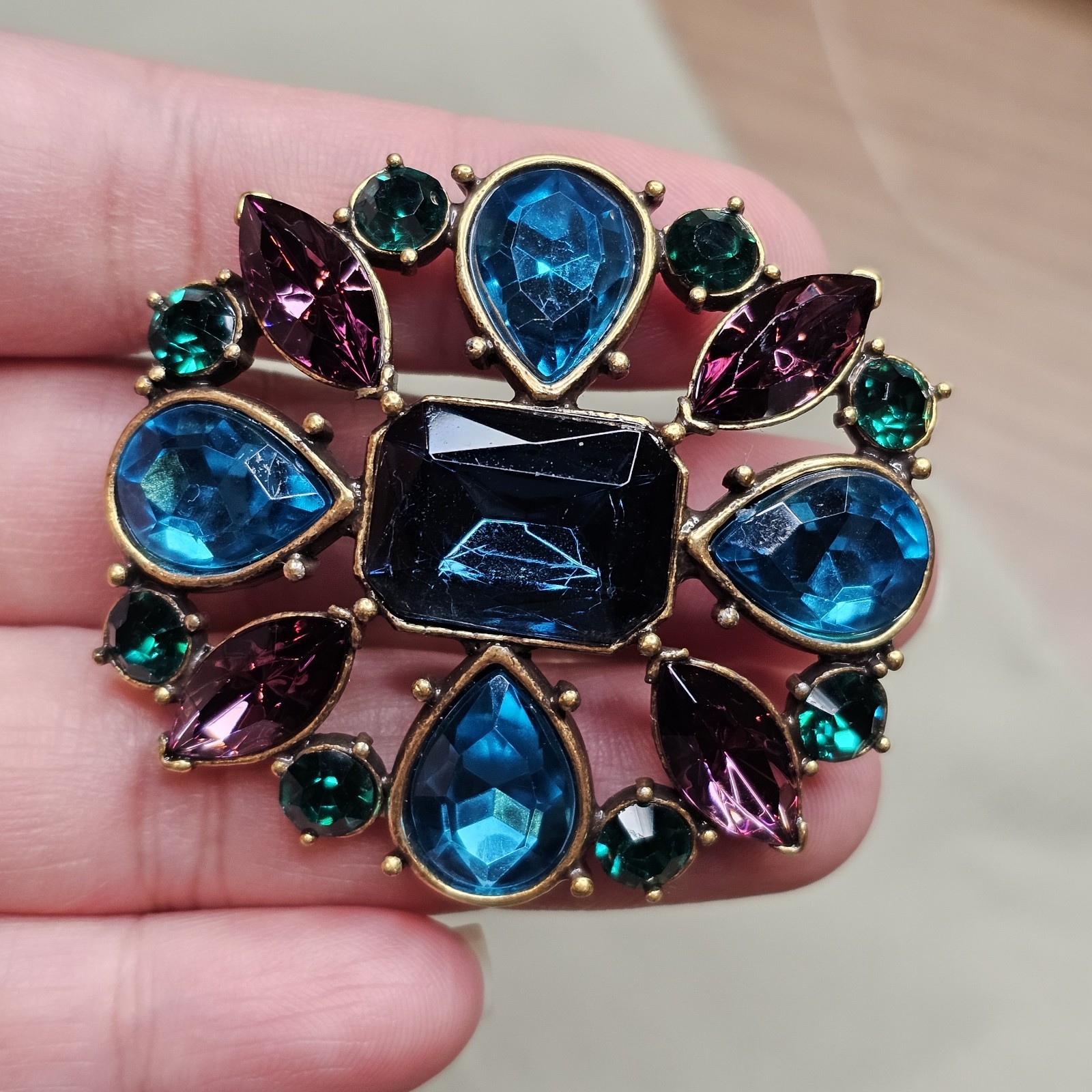 Victorian Style Gold Tone Blue, Green & Violet Rhinestone Brooch Pin
