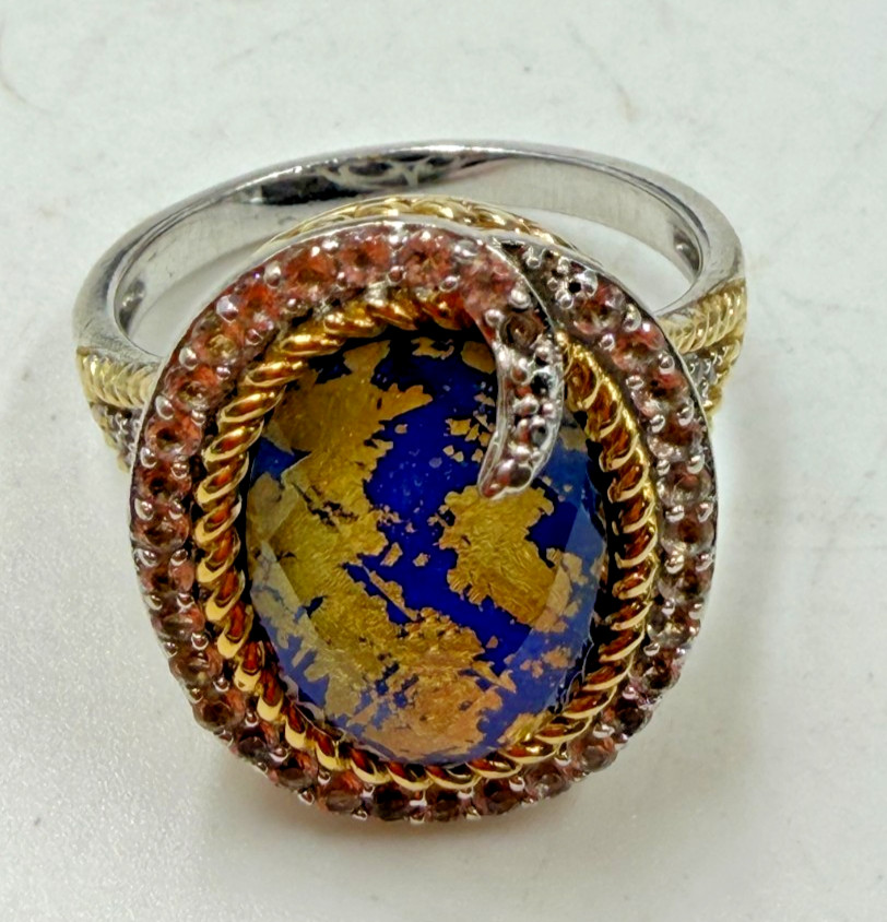 Vintage Sterling Silver Ring Gold Flake Cobalt Blue Crystal Mixed Cocktail 9 PX