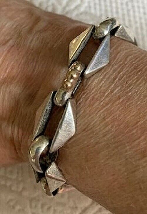VINTAGE STERLING & GOLD FABULOUS HEAVY LINK BRACELET MAY BE NATIVE AMERICAN