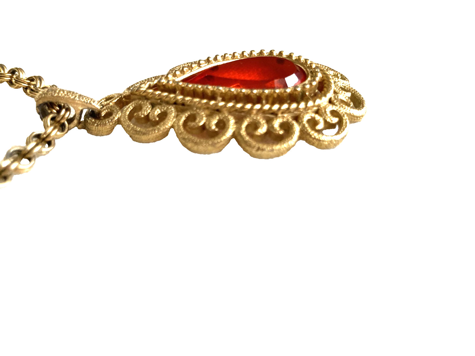 Vintage Granada AVON Teardrop Necklace-Lg Red/Orange Stone-Gold Tone Dubl Chain