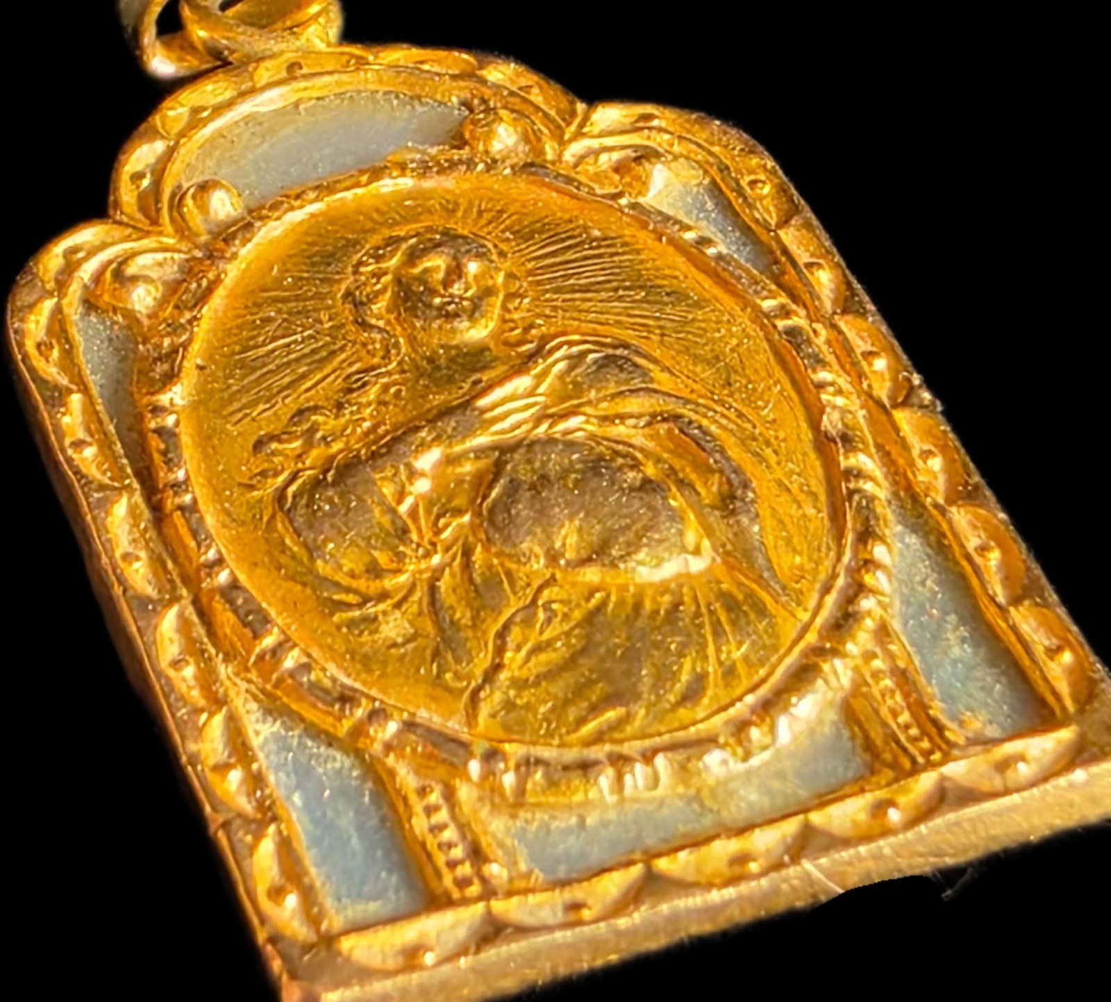 Antique Art Deco 18K Gold Virgin Mary Miraculous Medal Pendant European Catholic