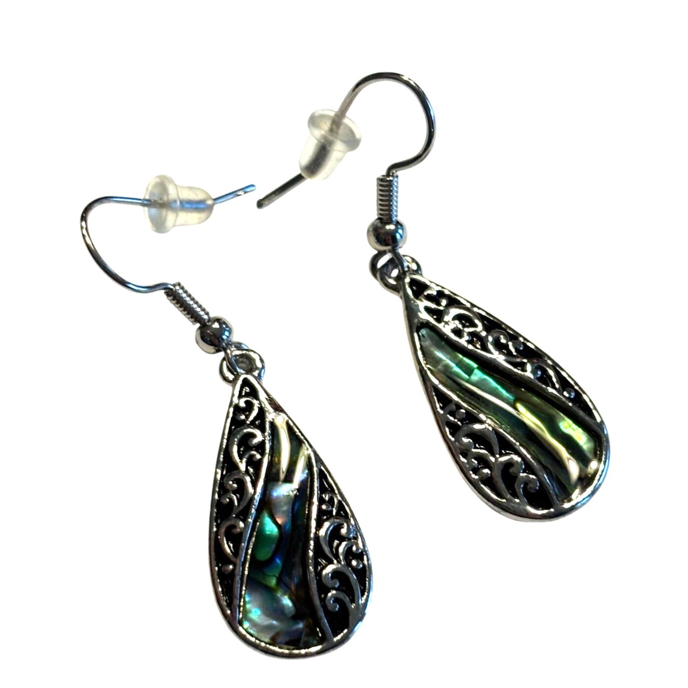 Pierced earrings Silvertone & green abalone shell enamel finish teardrop dangles
