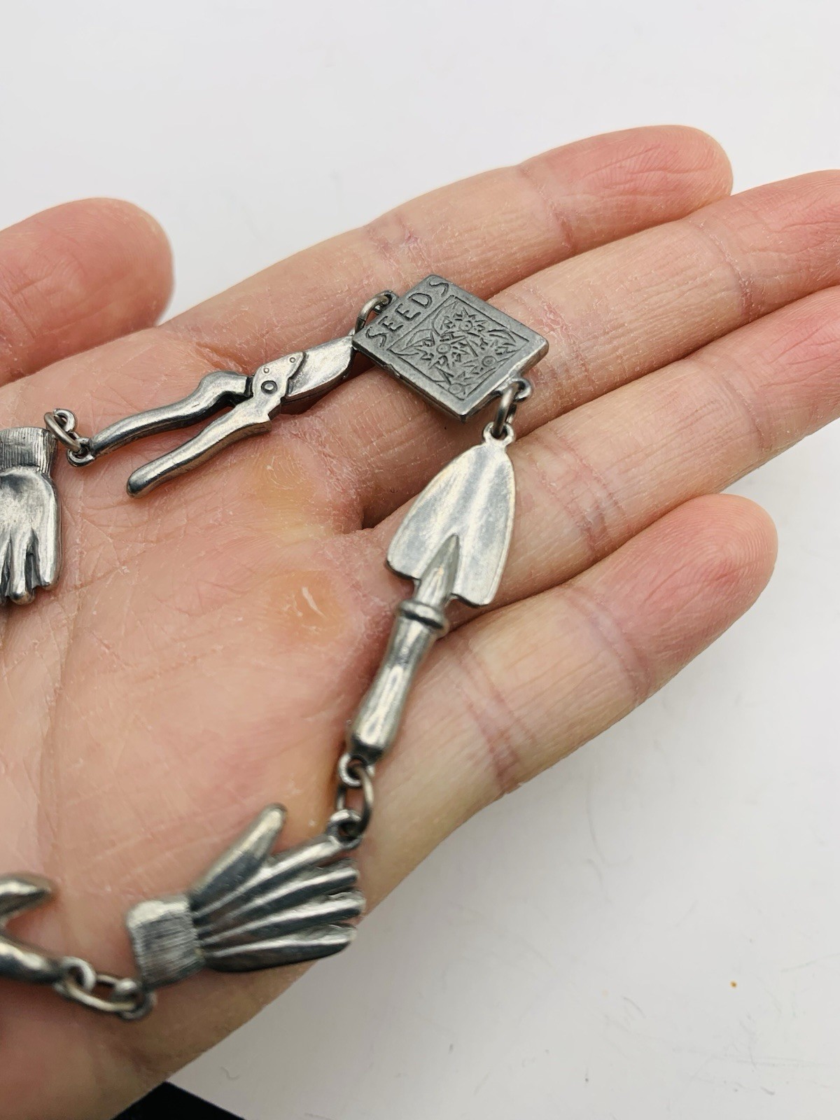 Vintage 7″ Signed Jim Clift Pewter USA Silver Tone Gardening Charm Bracelet