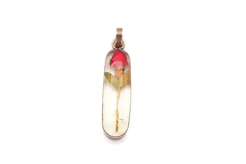 Vintage Mexico Sterling Silver 925 Flower In Lucite Pendant ATI