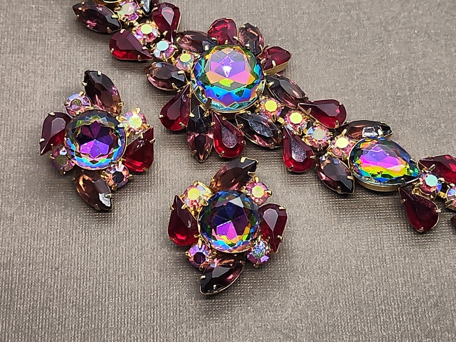 Vintage Juliana Amethyst Red Watermelon Vitrail AB Demi Parure Bracelet Earrings