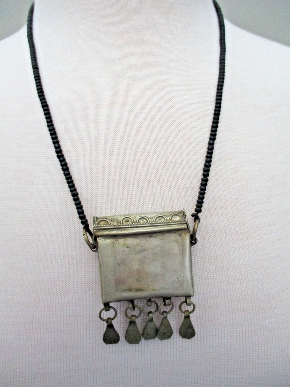 Vintage prayer necklace, blue stones and dangling decorative elements, 22 inches