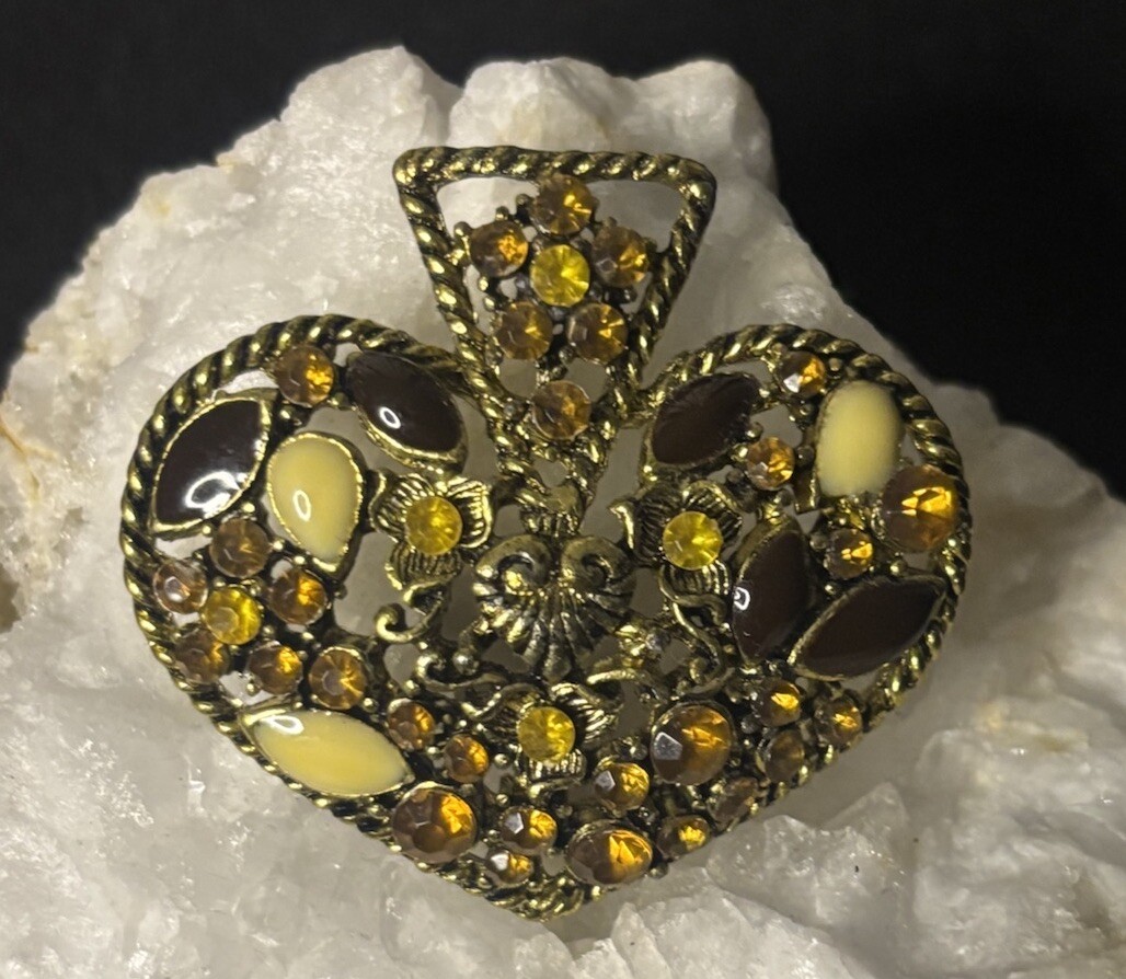 Vintage Unique Amber Glass & Rhinestone Brooch-Pendant