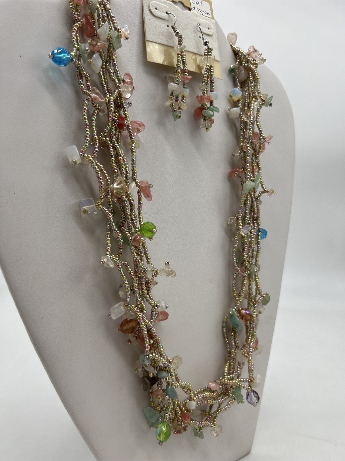 VTG Multicolor Cascade Necklace Woven Bead Crystals w/ 925 Earrings – Guatemala