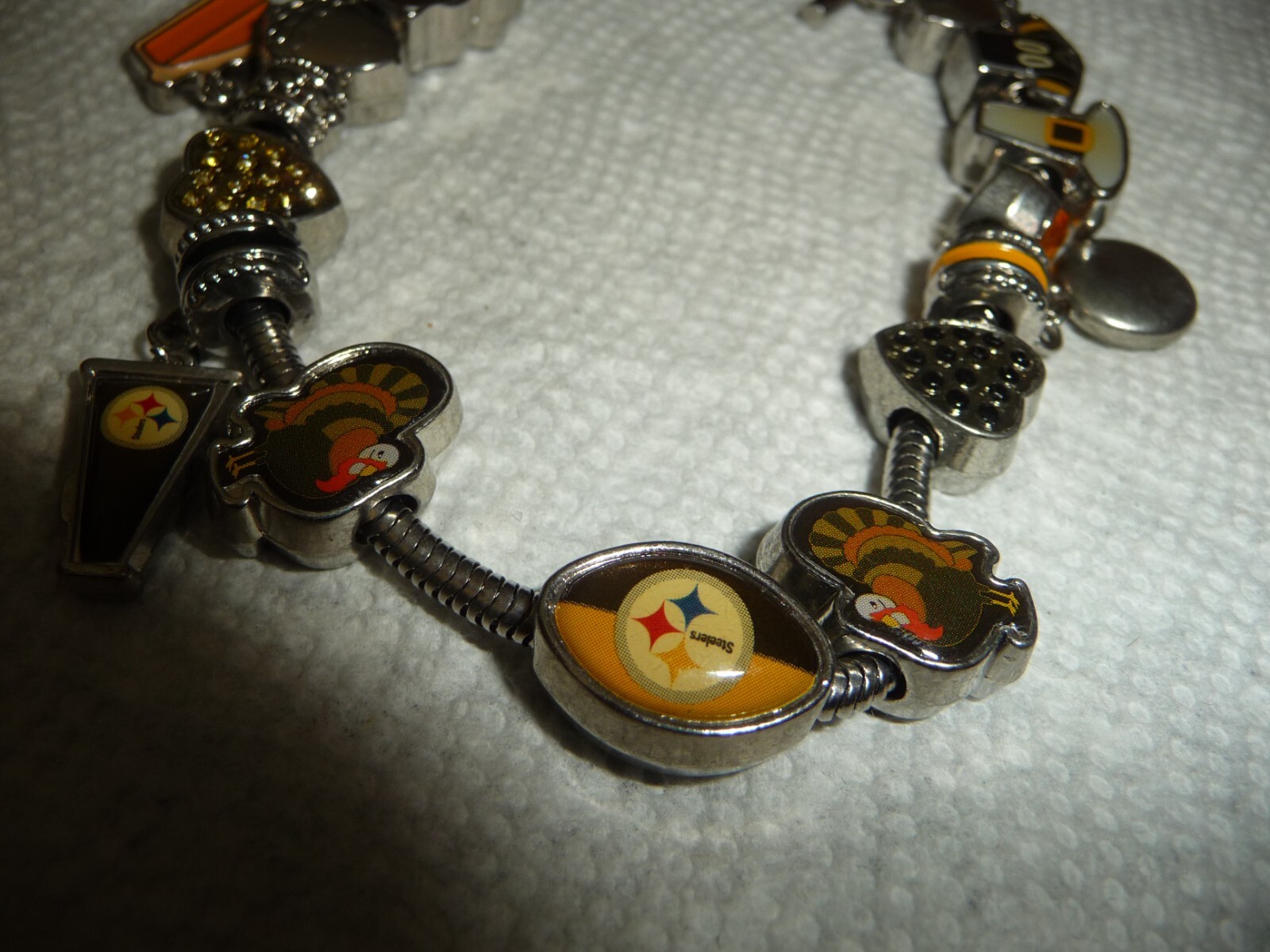 NOVEMBER THANKSGIVIN SILVER TONE CHARM BRACELET W 14 MIXED SLIDE ON CHARMS #2826