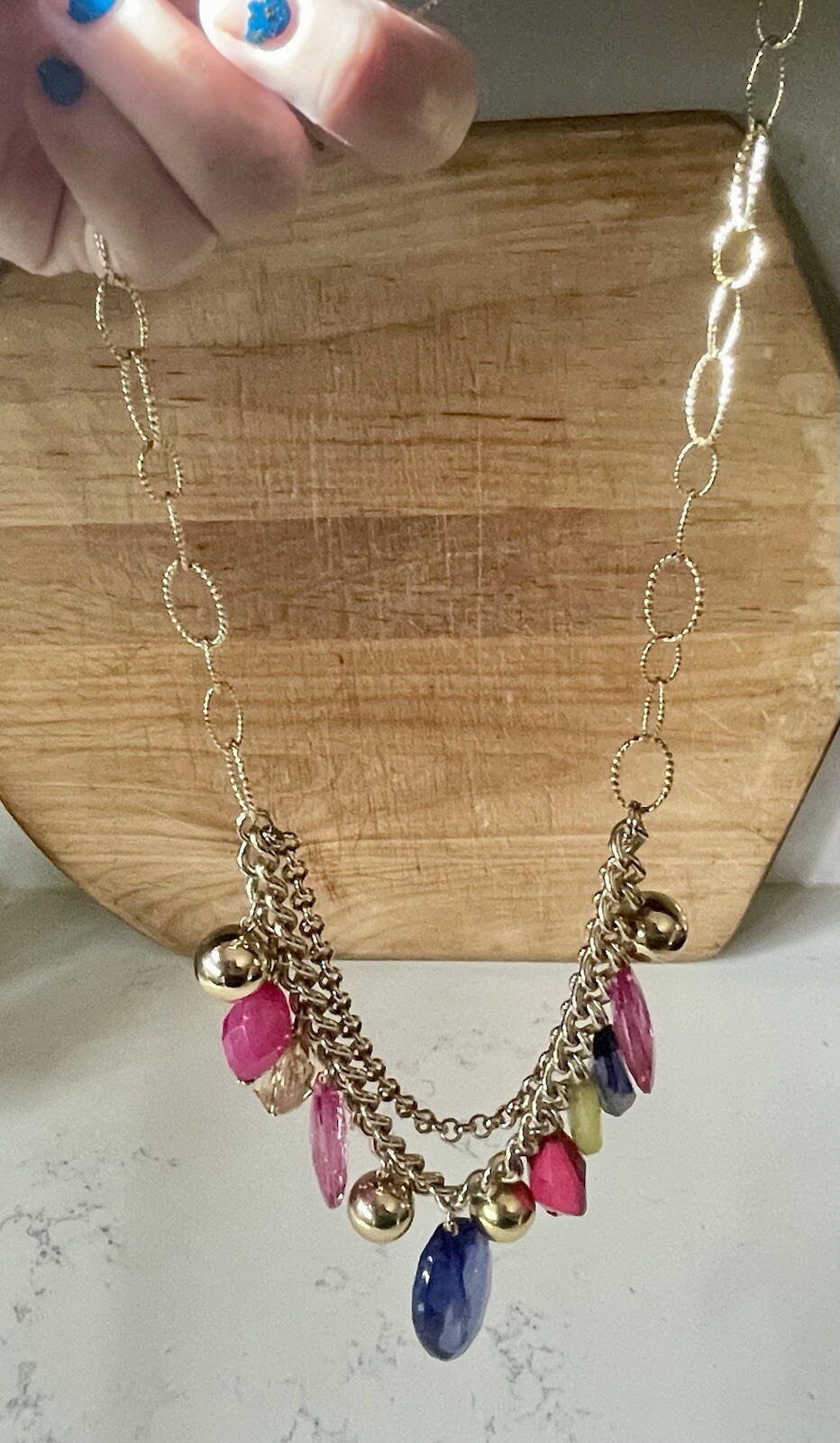 Bright Pastel Multi-Colored Faceted Faux Gem Gold Tone Double Chain Necklace 20”