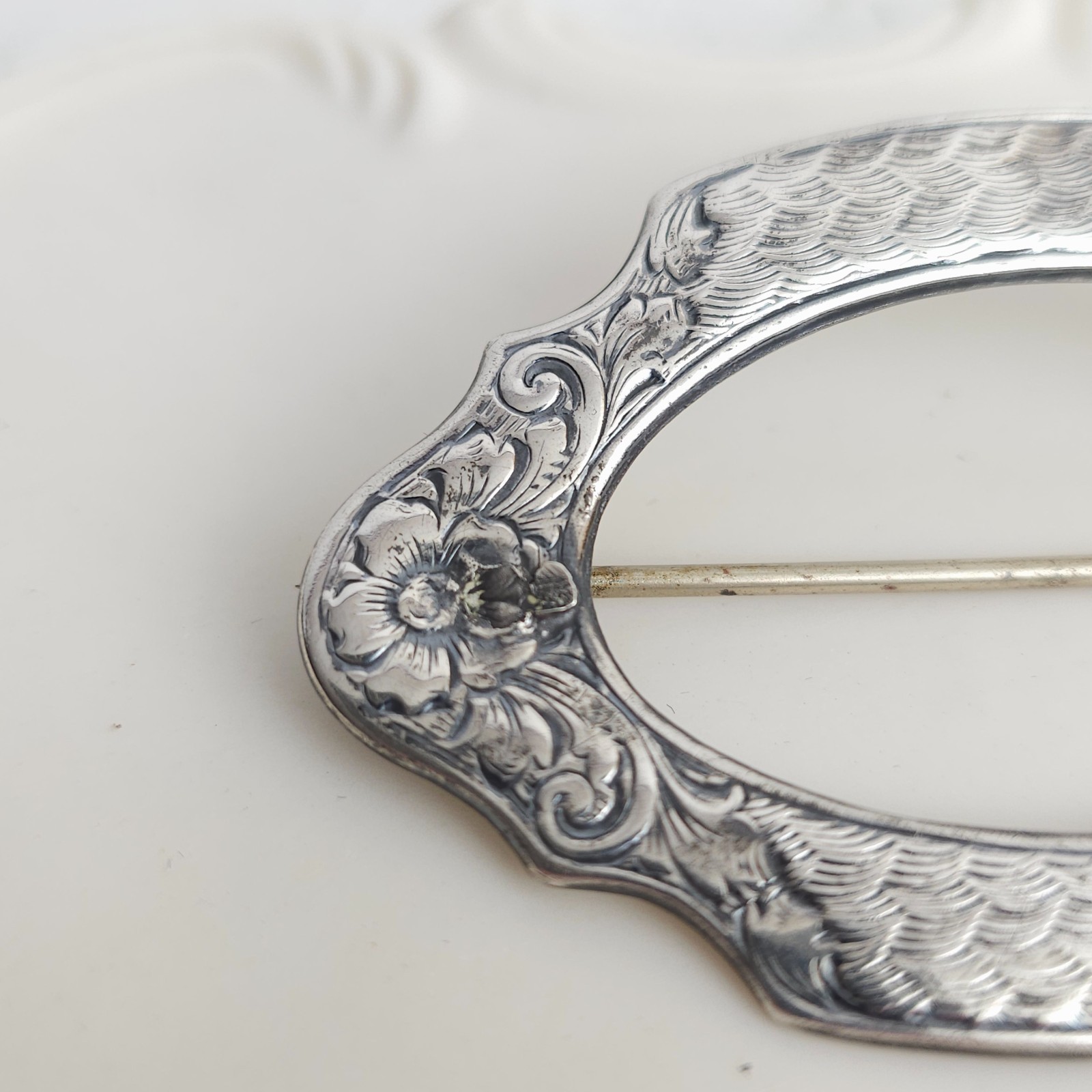 Vintage Antique Victorian Sterling Silver Top 925 Belt Buckle Brooch Pin C Clasp