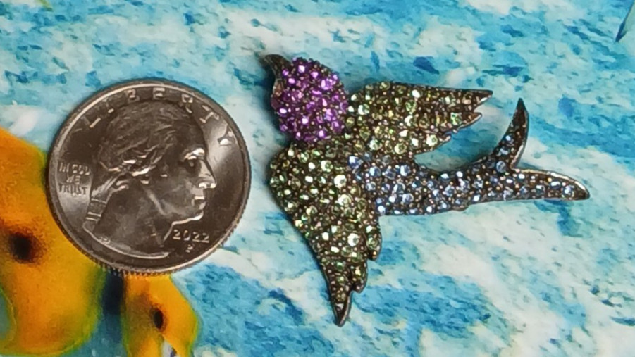 Vintage Silver Tone Sparrow Brooch Adorned w/Green Purple and Blue Rhinestones